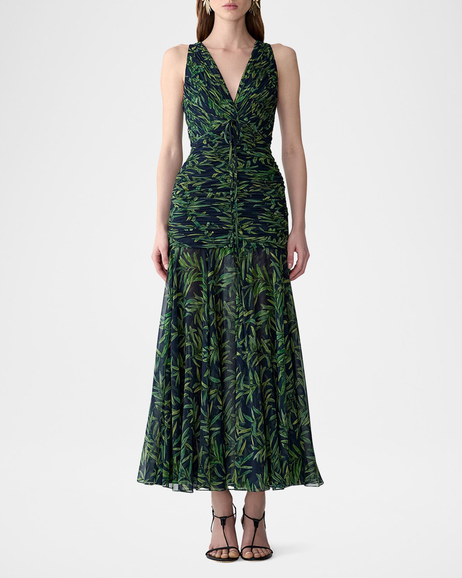 carolina herrera green dress Olive-Print Ruched V-Neck Maxi carolina herrera gowns