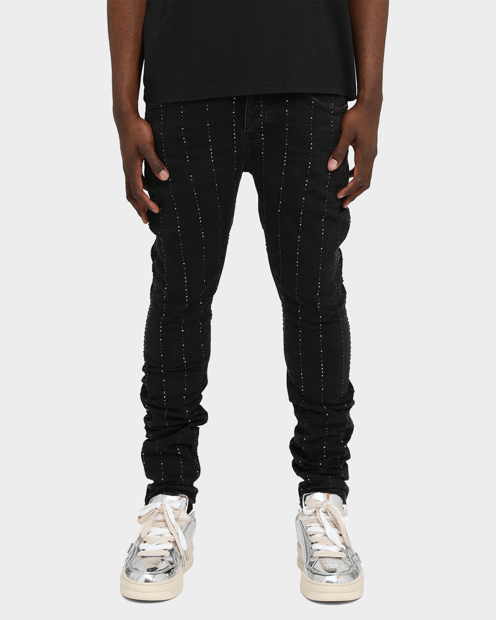 PURPLE Men's Rhinestone Pinstripe Skinny Jeans | Neiman Marcus
