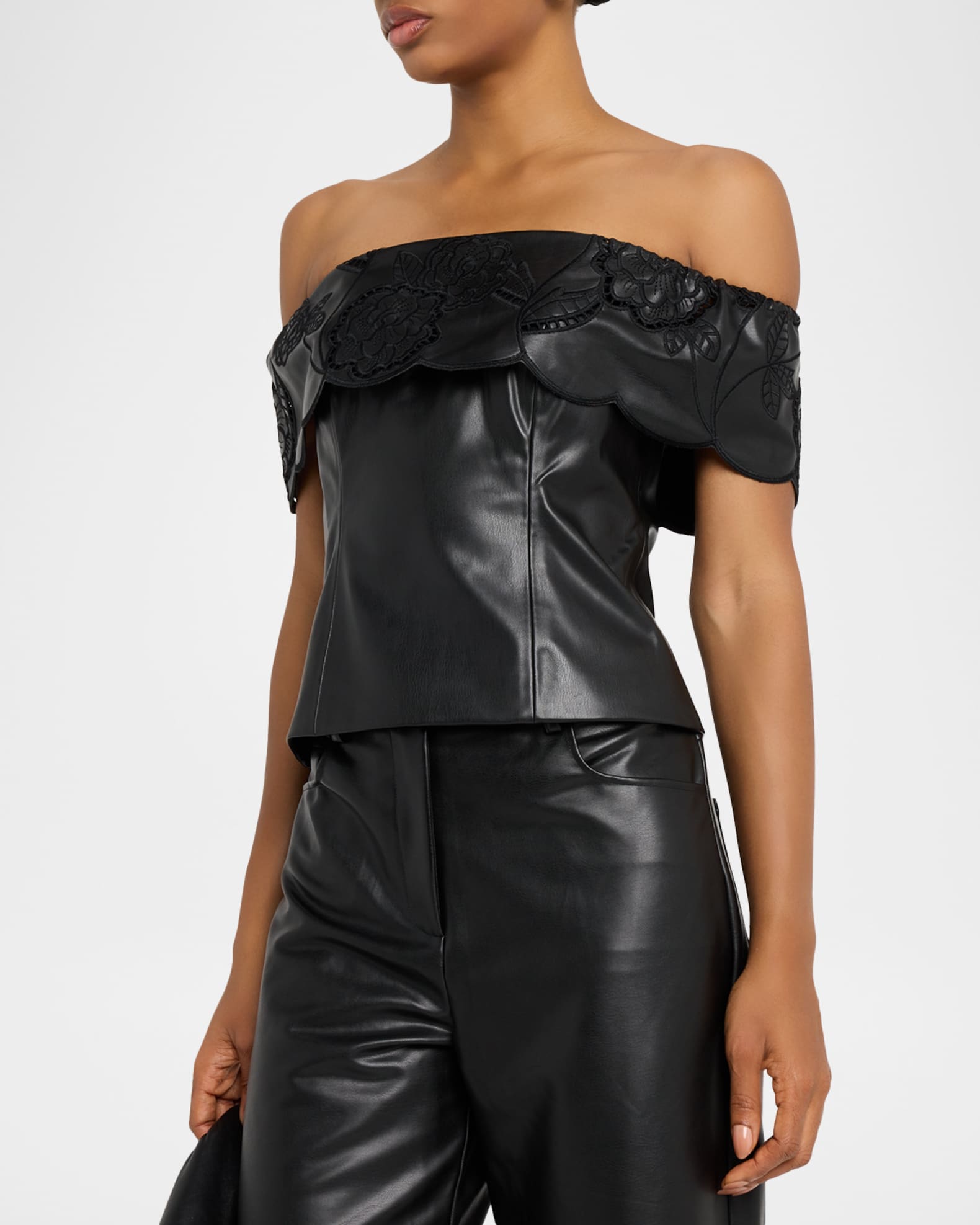 Toccin Mariana Embroidered Faux Leather Off-Shoulder Top | Neiman