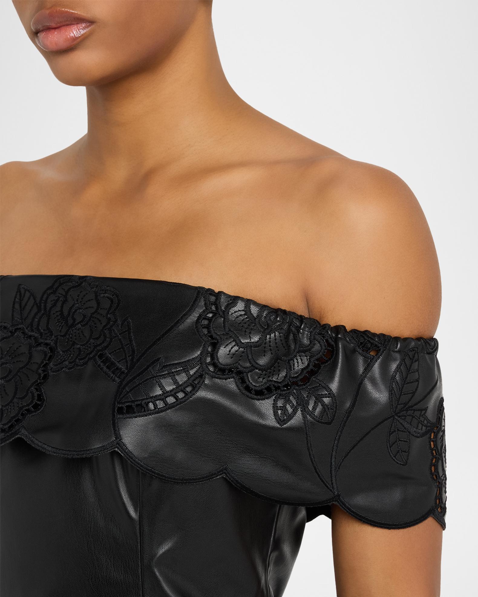 Toccin Mariana Embroidered Faux Leather Off-Shoulder Top | Neiman