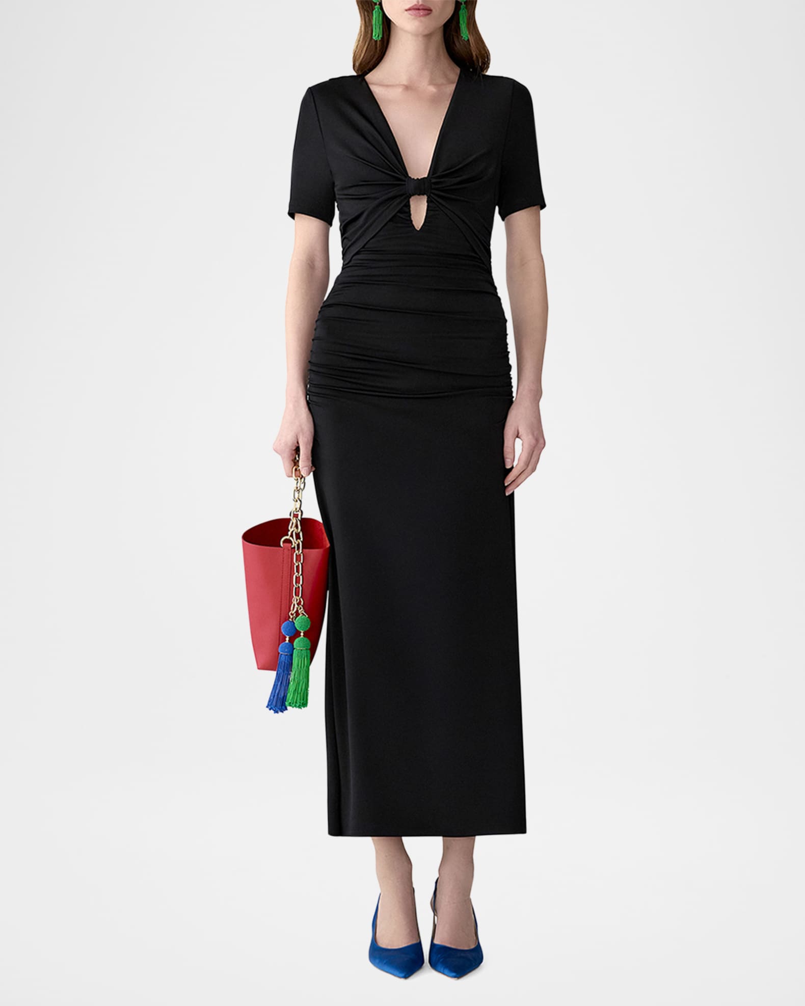 Carolina Herrera Elbow-Sleeve Ruched Maxi Dress - Black