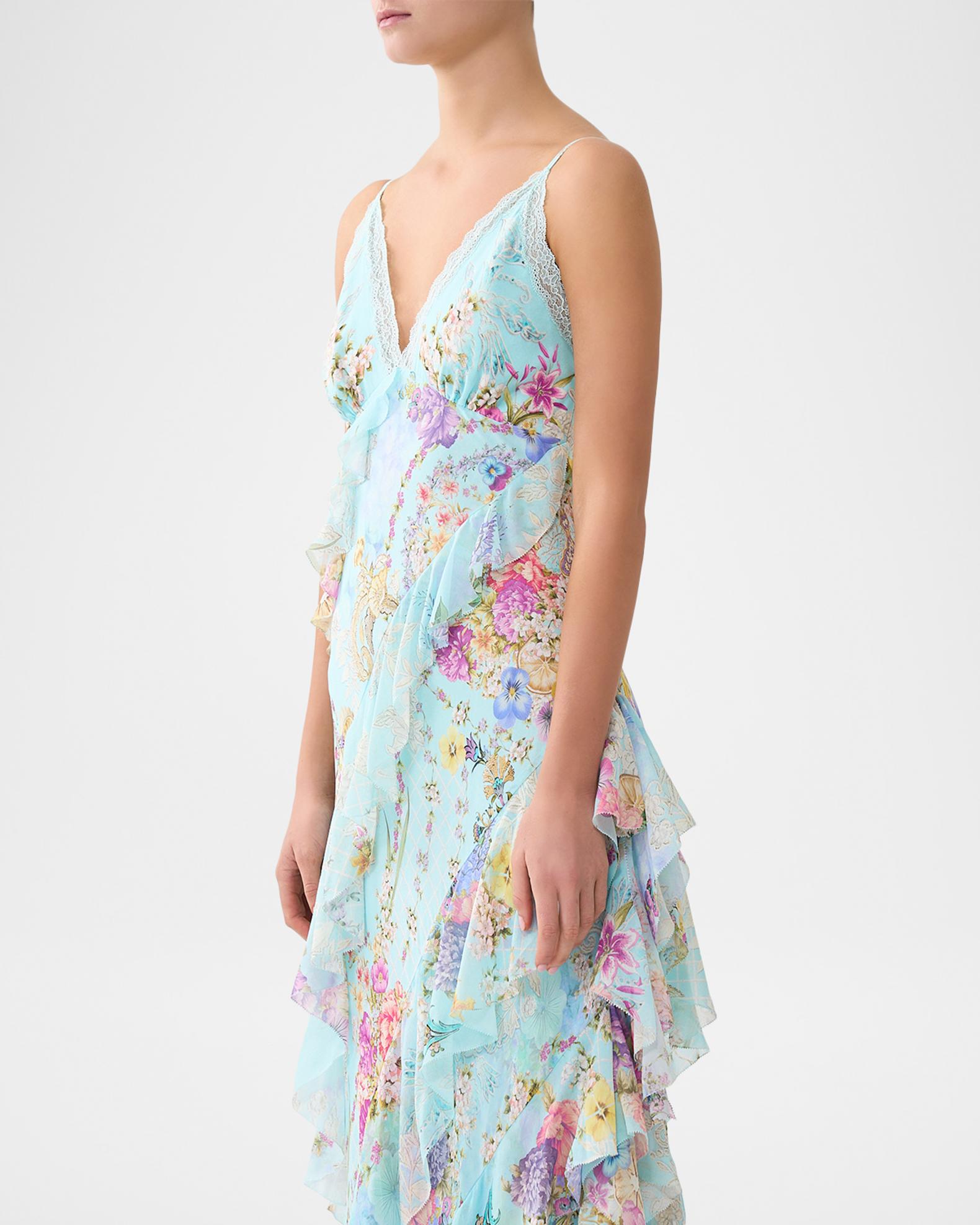 Camilla Bazaar Blooms Asymmetrical Ruffle Slip Dress | Neiman Marcus