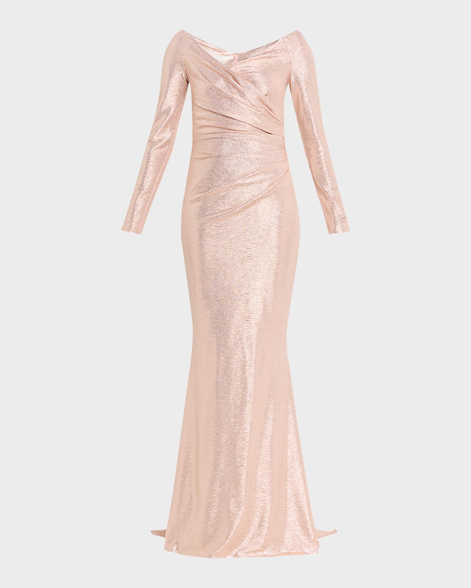 talbot runhof metallic dress Talbot Runhof Metallic Draped Off-The-Shoulder Long-Sleeve Gown