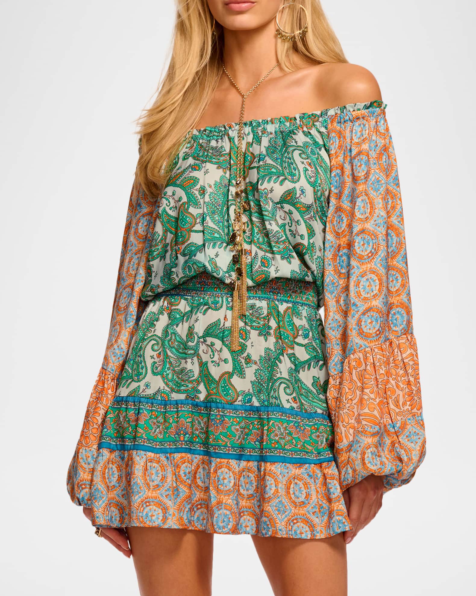 Ramy Brook Claudine Smocked Off-The-Shoulder Mini Dress Small / Palm Patchwork