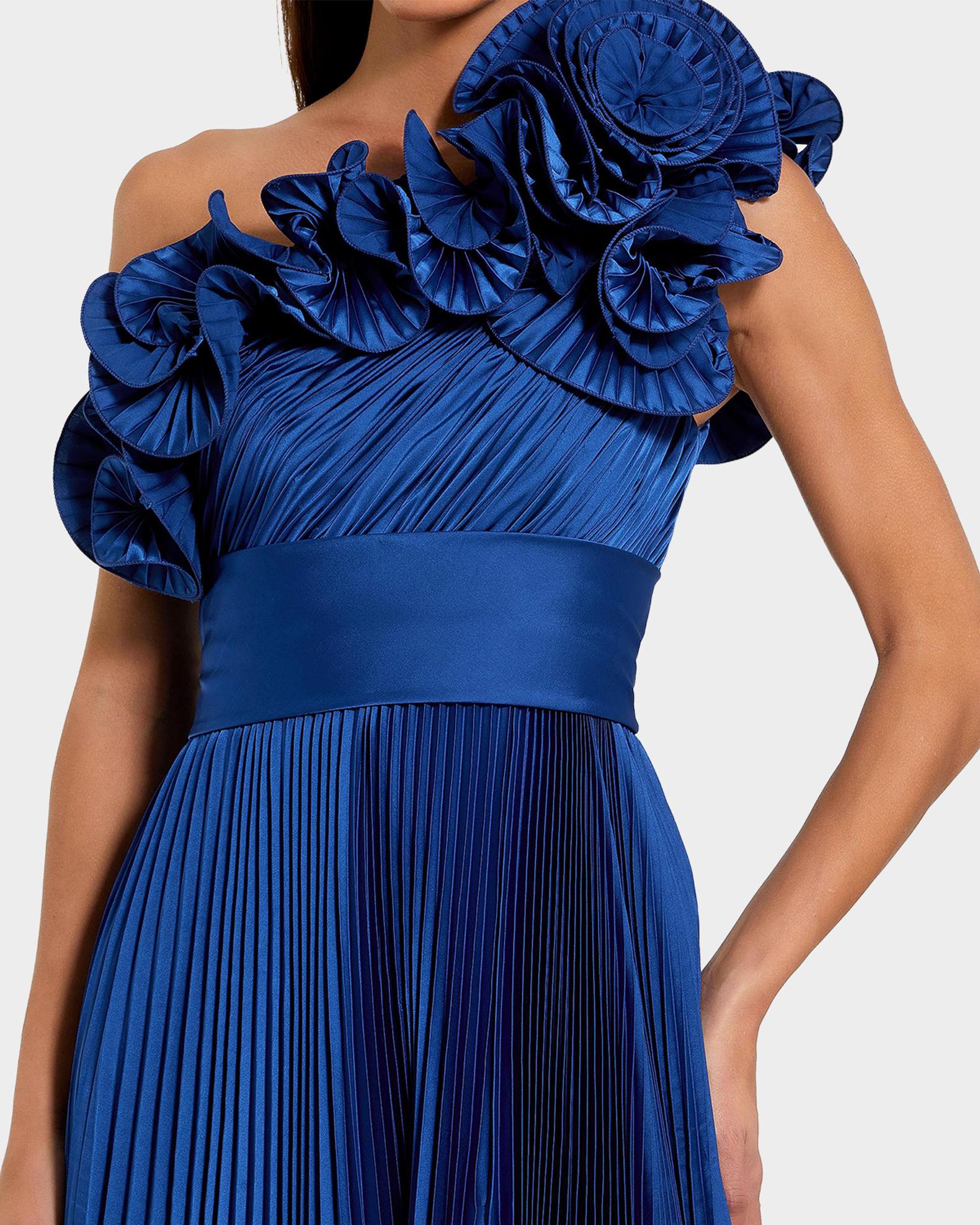 Mac Duggal One-Shoulder Pleated Charmeuse Ruffle Gown | Neiman Marcus