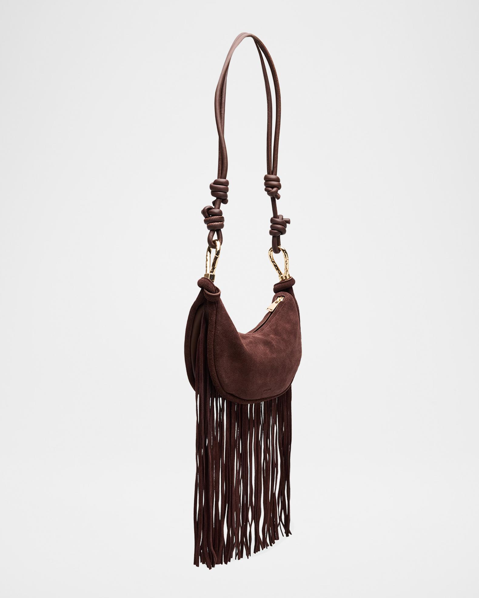 SIMKHAI Avery Fringed Suede Crescent Shoulder Bag | Neiman Marcus