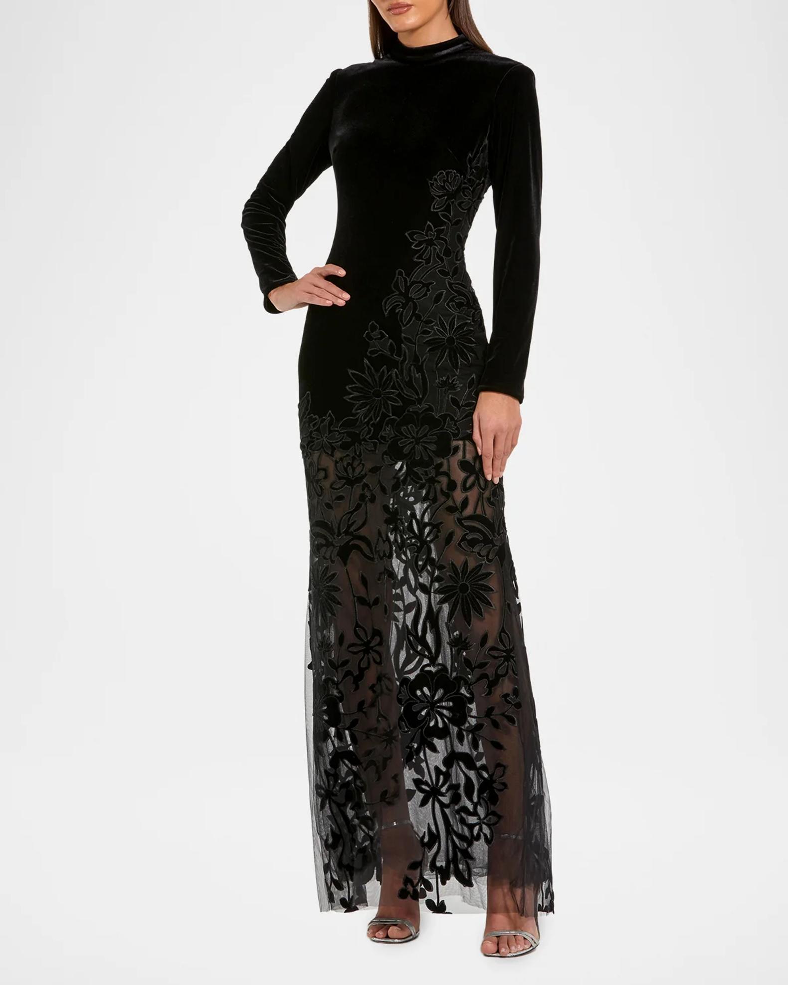 Mac Duggal Floral Mixed-Media Long-Sleeve Gown