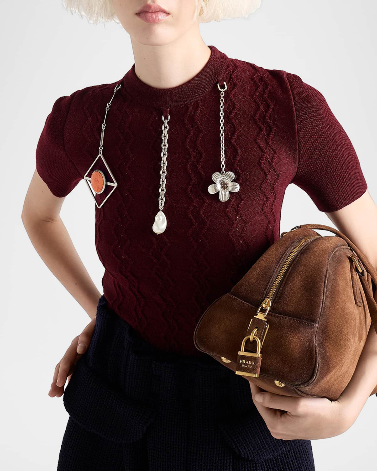 Prada Pendant Embellished Short-Sleeve Wool Sweater | Neiman Marcus