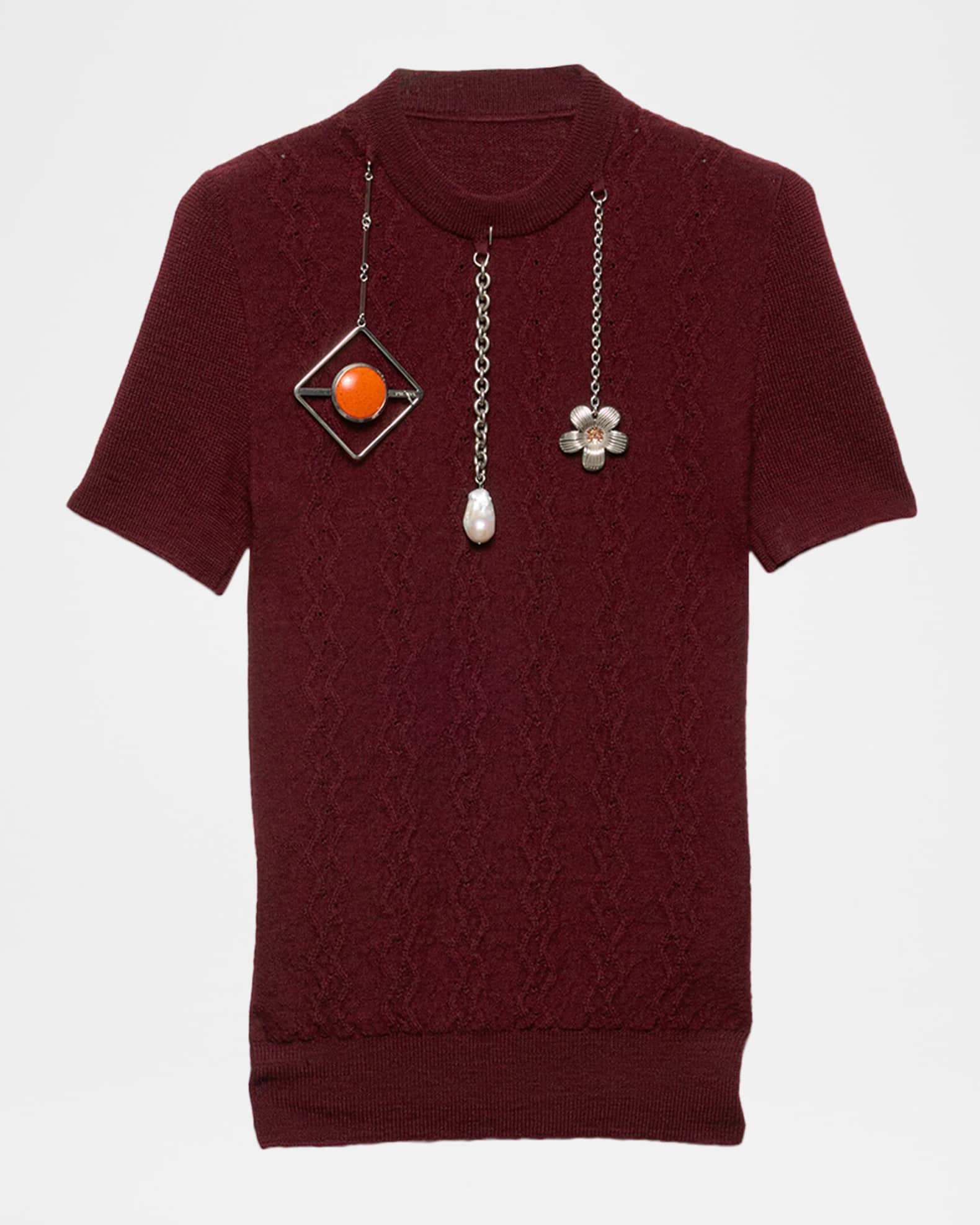 Prada Pendant Embellished Short-Sleeve Wool Sweater | Neiman Marcus