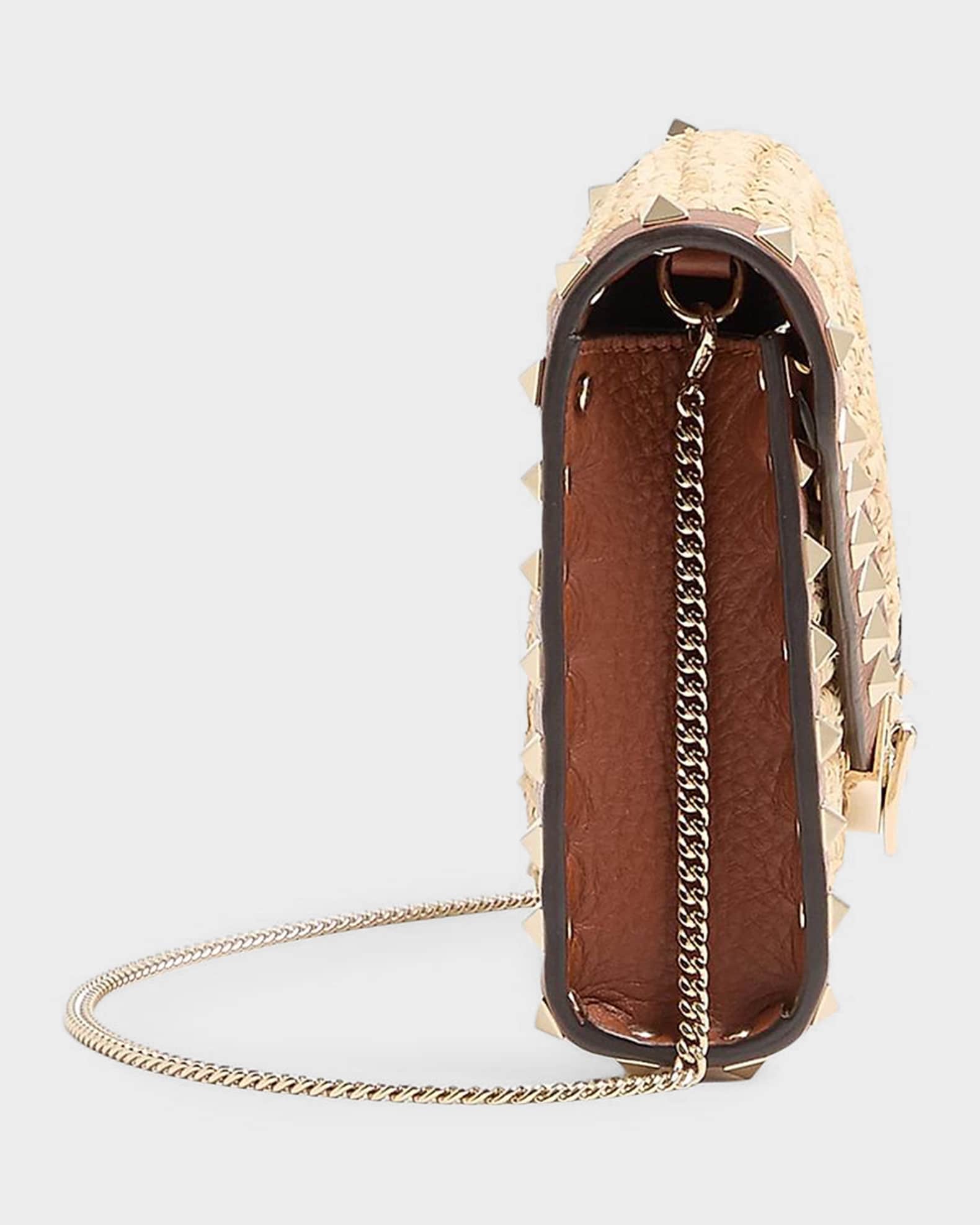 Valentino Garavani Mini Rockstud Raffia Leather-Trim Shoulder Bag
