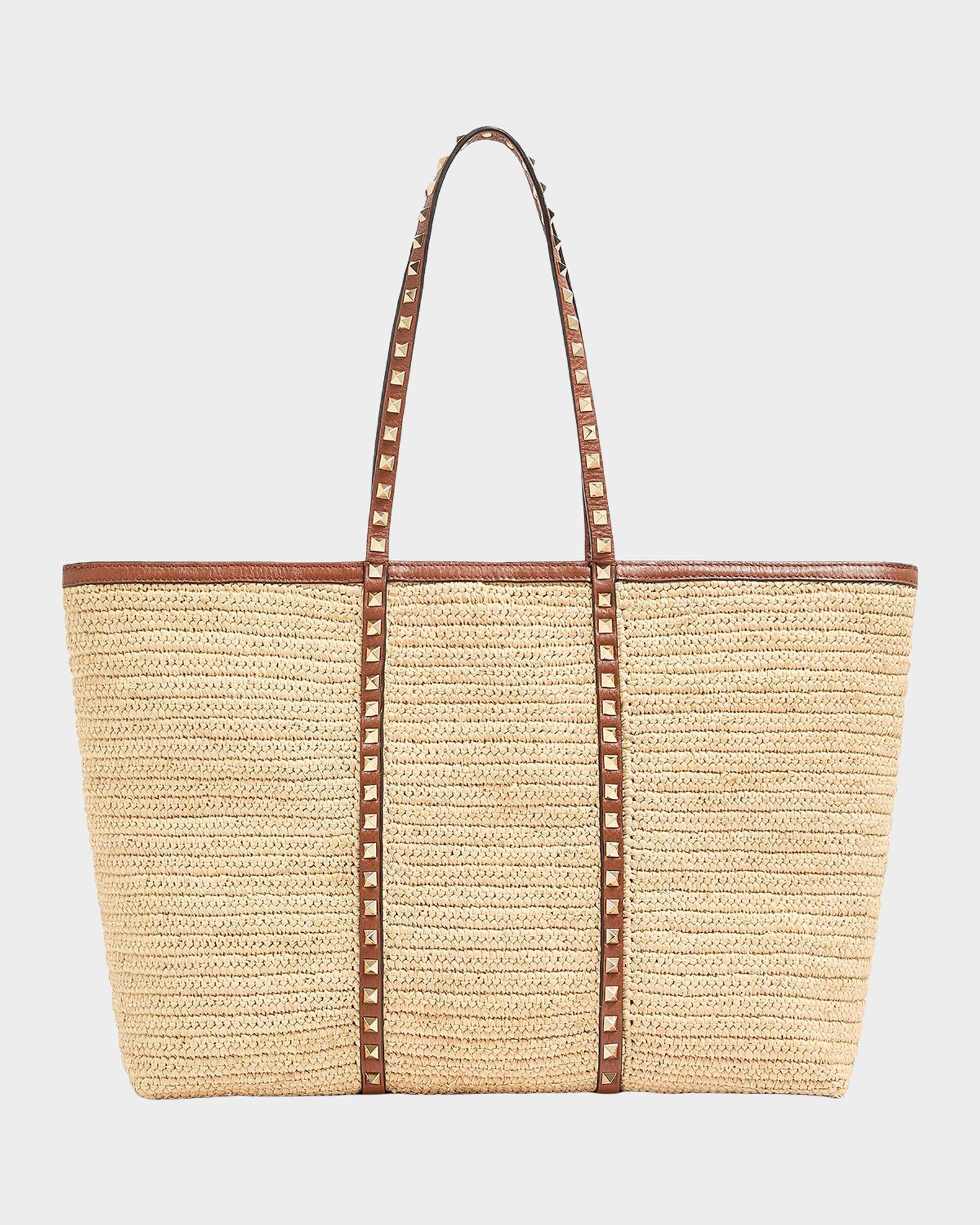 Valentino Garavani Rockstud Raffia Leather-Trim Tote Bag | Neiman