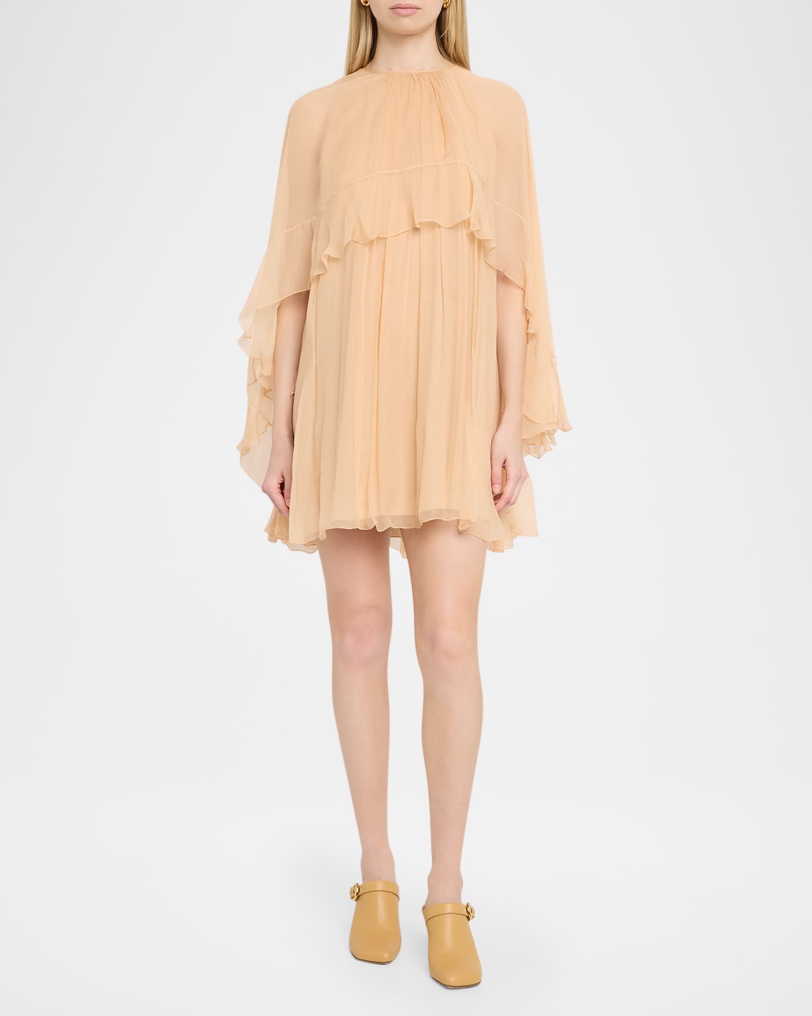 Chloe Ruffled Silk Georgette Capelet Mini Dress | Neiman Marcus