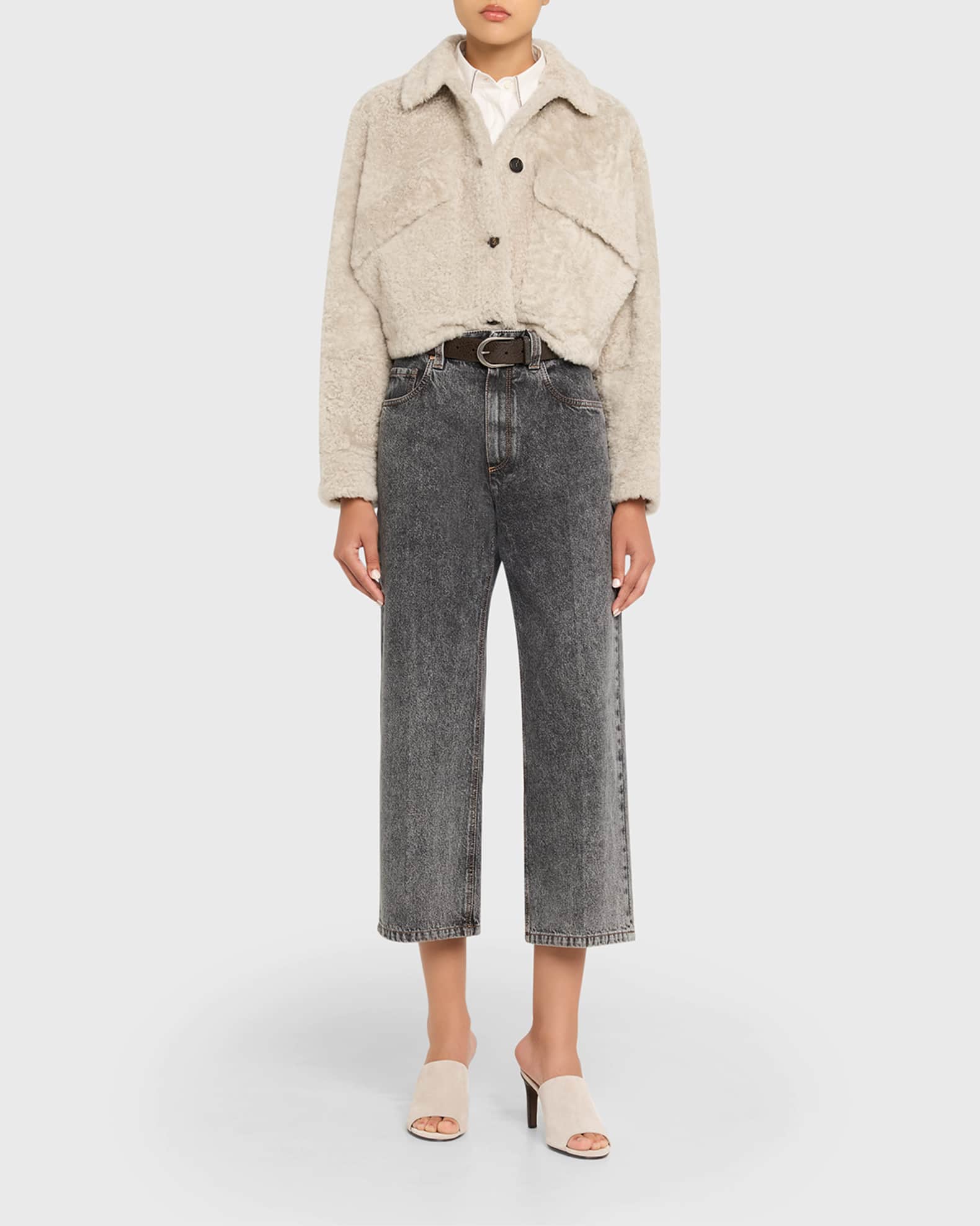 Brunello Cucinelli Lamb Shearling Cropped Jacket | Neiman Marcus