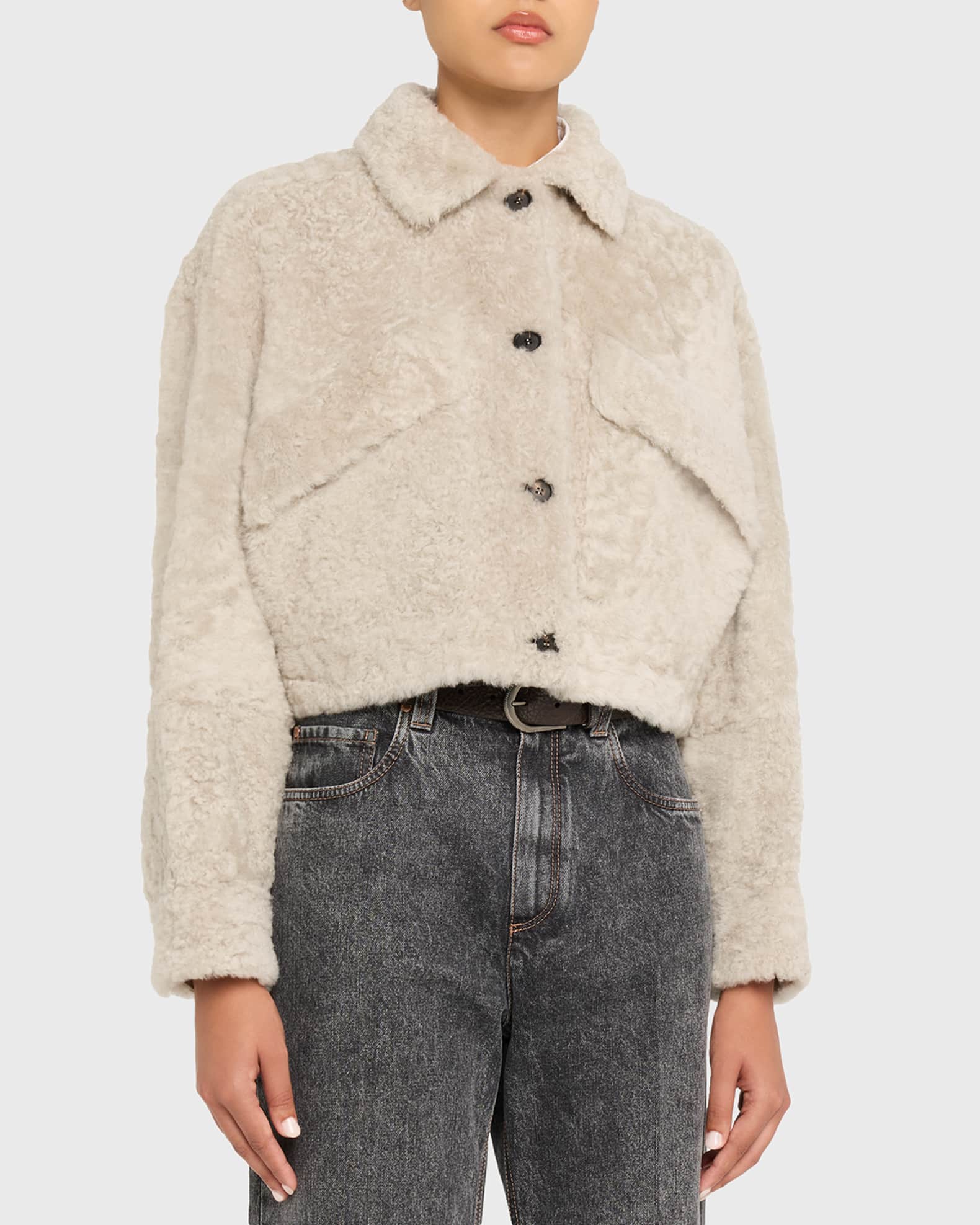 Brunello Cucinelli Lamb Shearling Cropped Jacket | Neiman Marcus