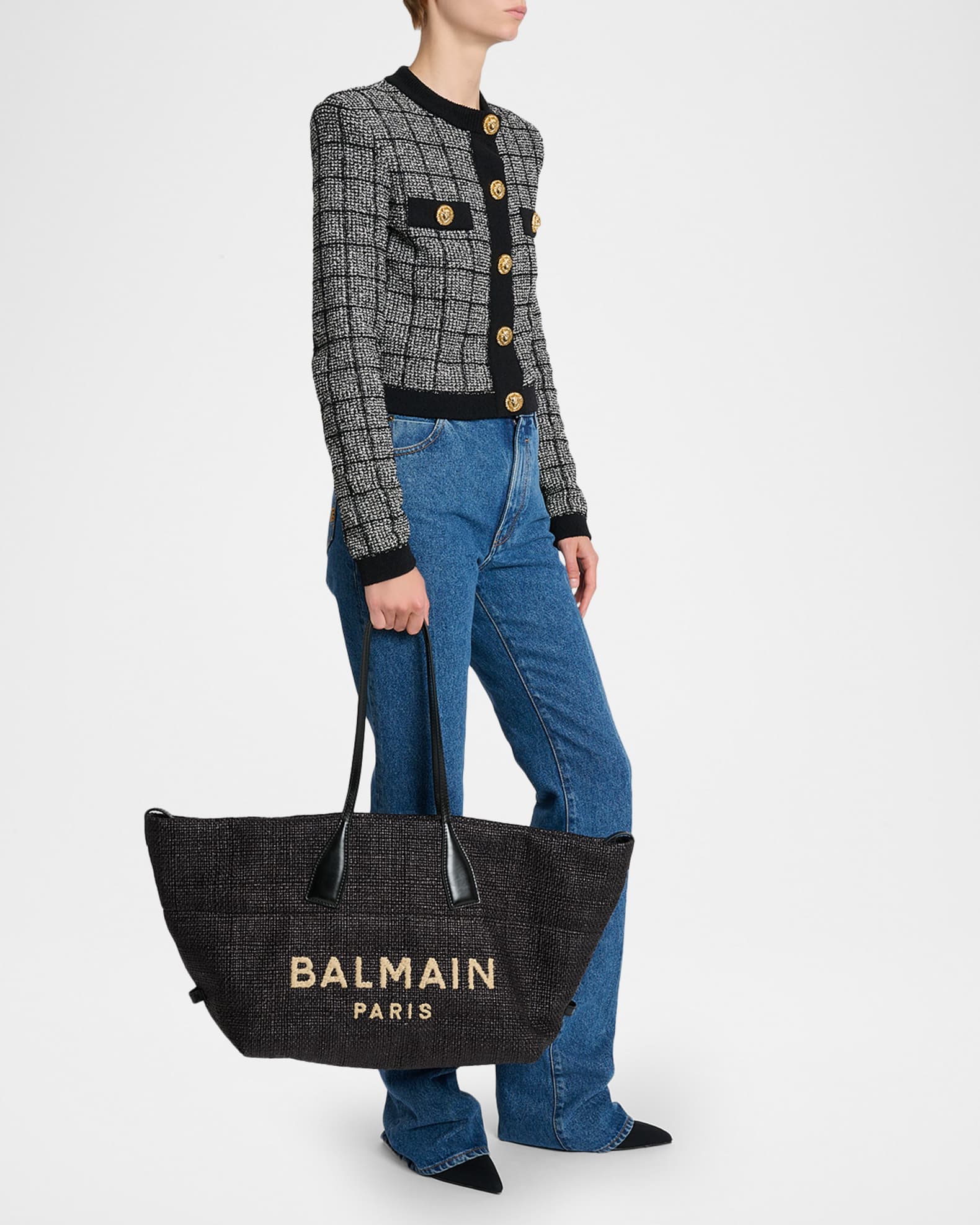 Balmain Track Logo-Embroidered Tote Bag in Raffia | Neiman Marcus
