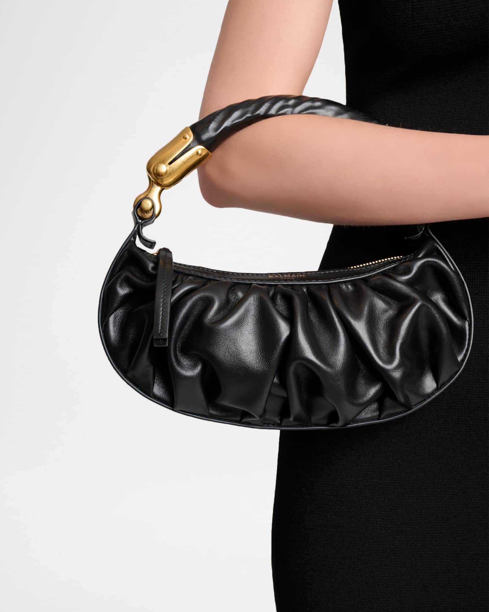 Balmain Ebene Mini Ruched Top-Handle Bag in Leather | Neiman Marcus