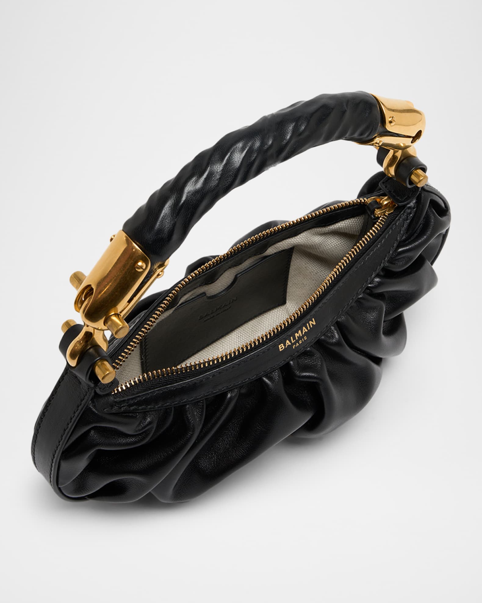 Balmain Ebene Mini Ruched Top-Handle Bag in Leather | Neiman Marcus