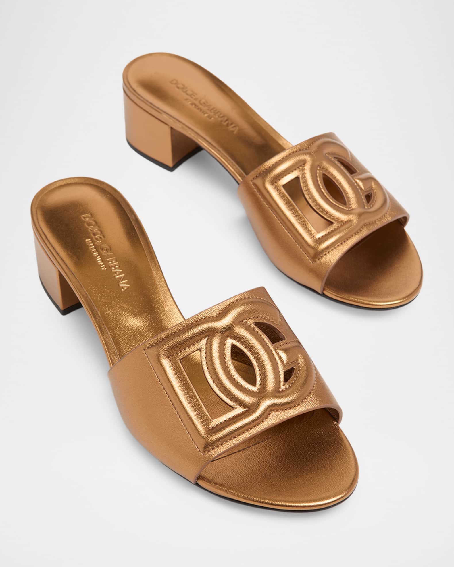 Dolce&Gabbana 40mm Cutout DG Metallic Leather Mule Sandals