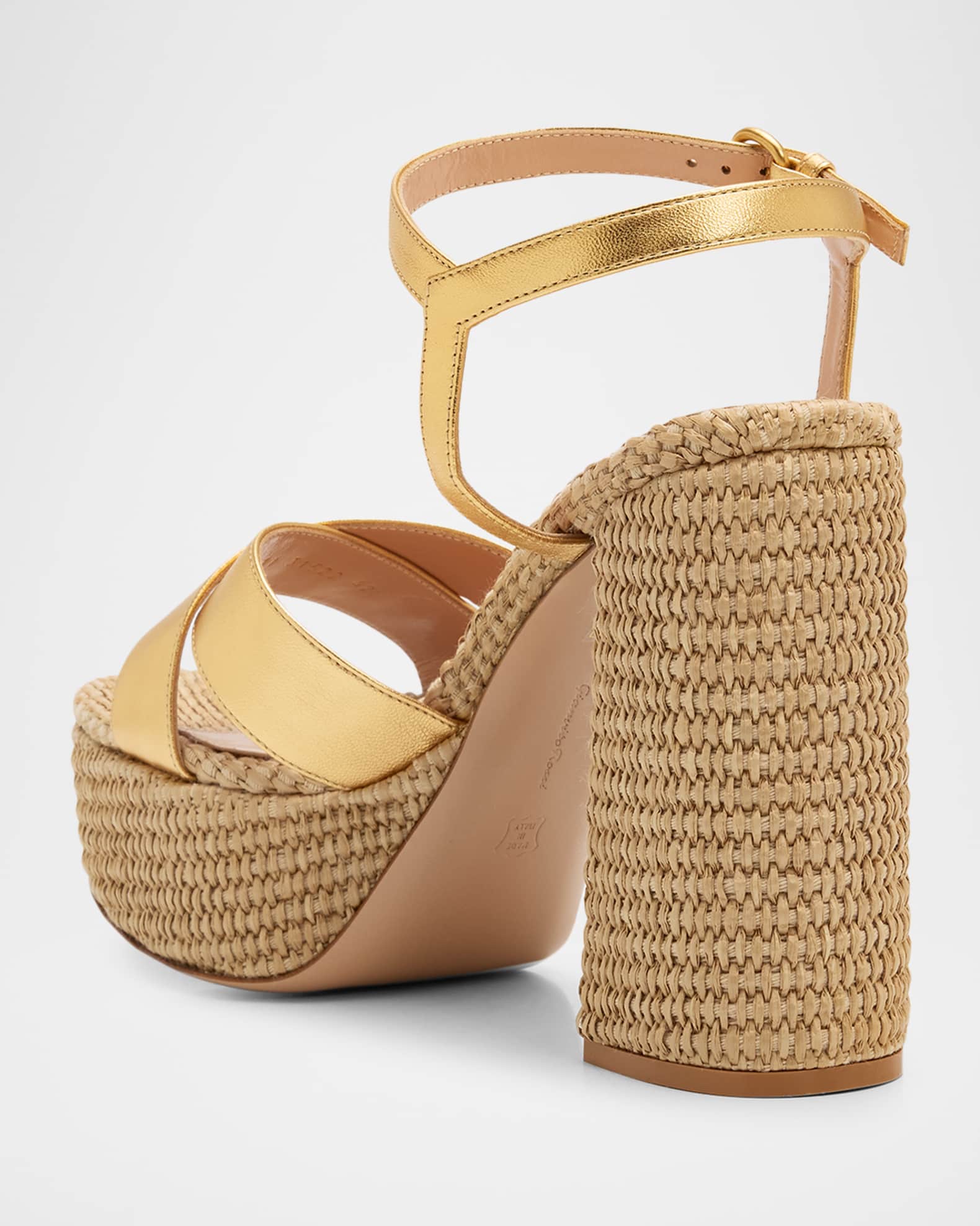DREAM RUSH OGOTO 90 A-G ゴールド 70mm Bebe Metallic Leather and Raffia Platform Sandals | Neiman Marcus
