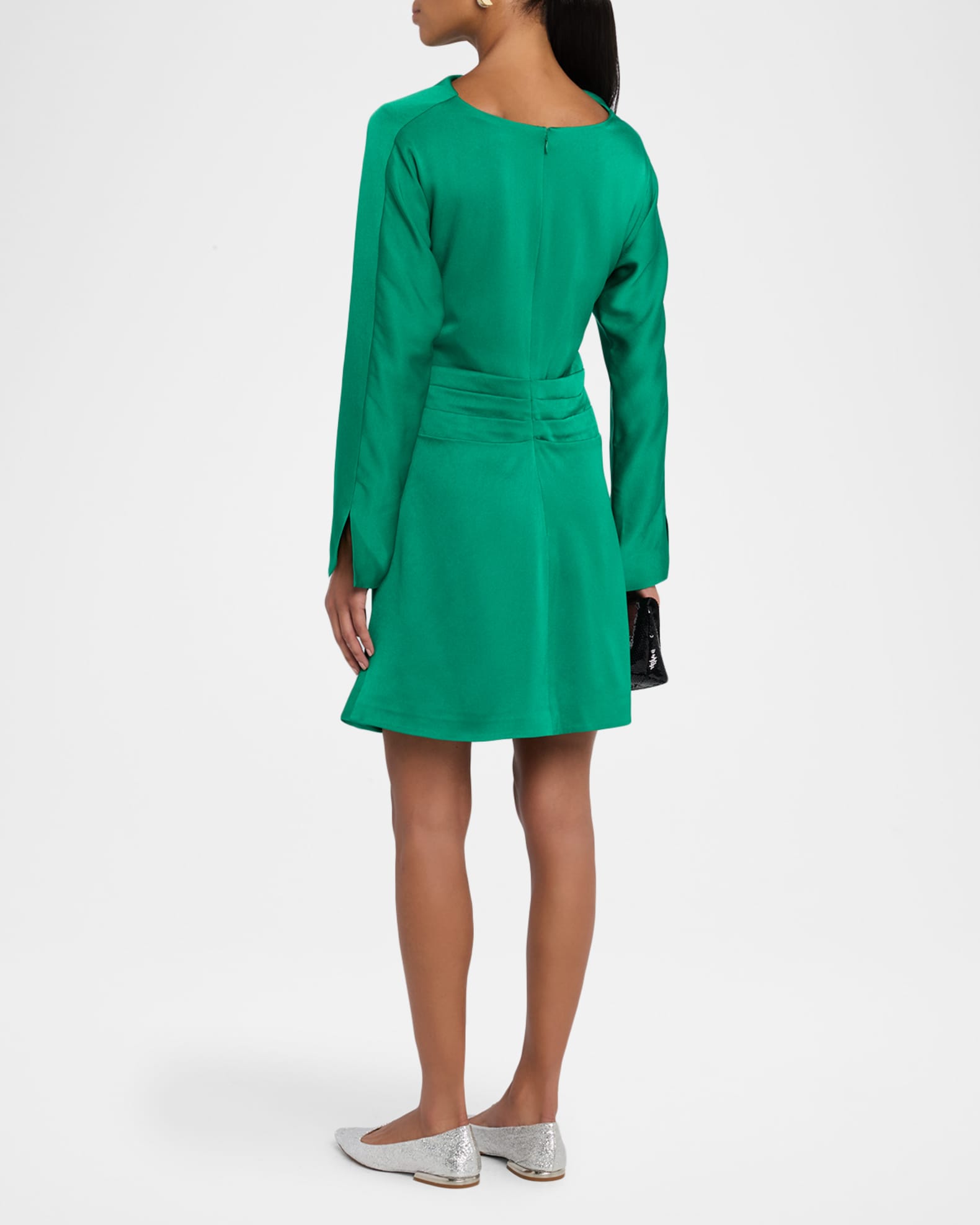 knee length dresses for ladies Jade Green Satin Long Sleeve Wrap Top Ruched Mini Dress – AX Paris US main image 1