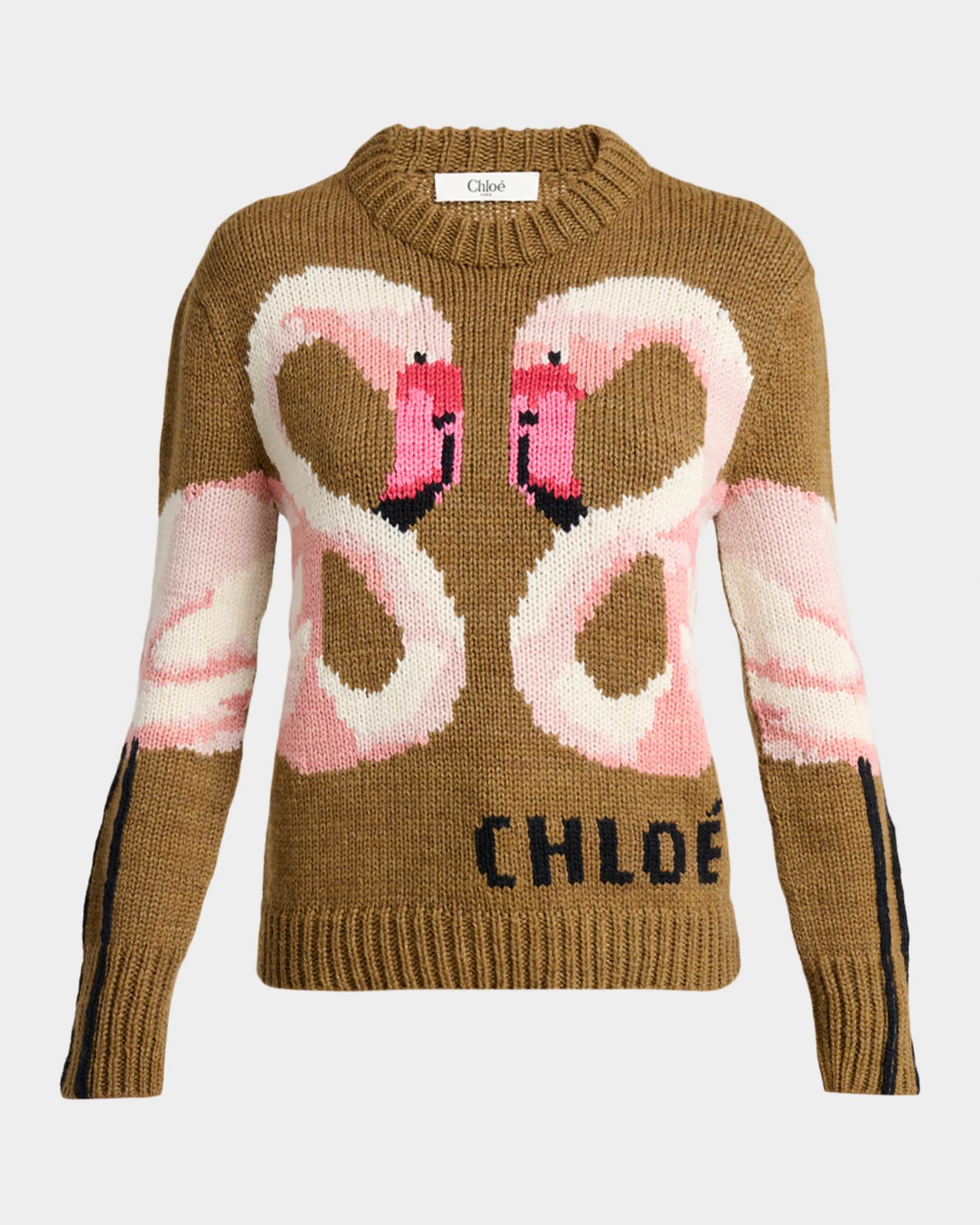 Chloe Flamingo Wool Knit Crewneck Sweater | Neiman Marcus