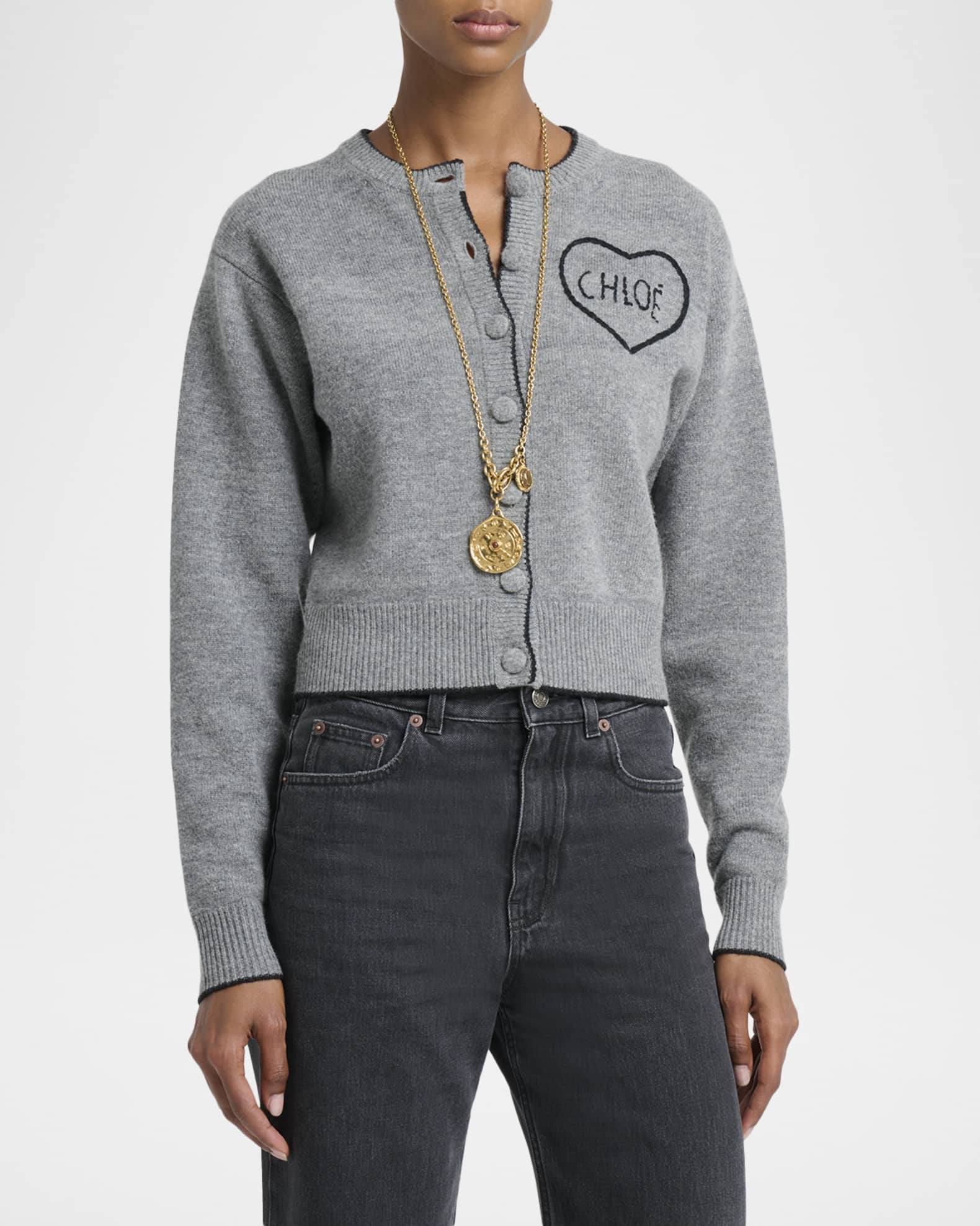 Chloe Logo Heart Wool-Cashmere Crewneck Cardigan | Neiman Marcus