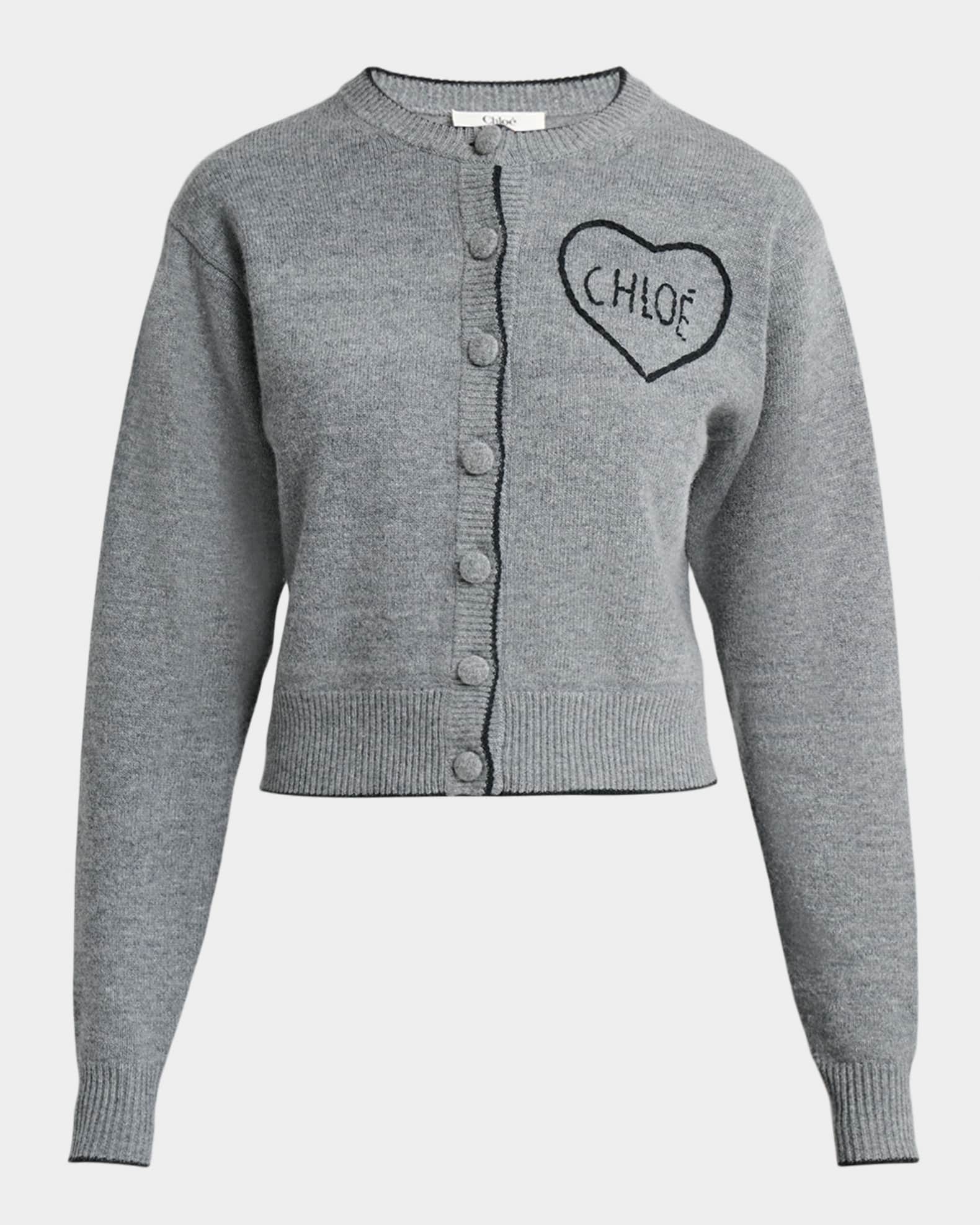 Chloe Logo Heart Wool-Cashmere Crewneck Cardigan | Neiman Marcus