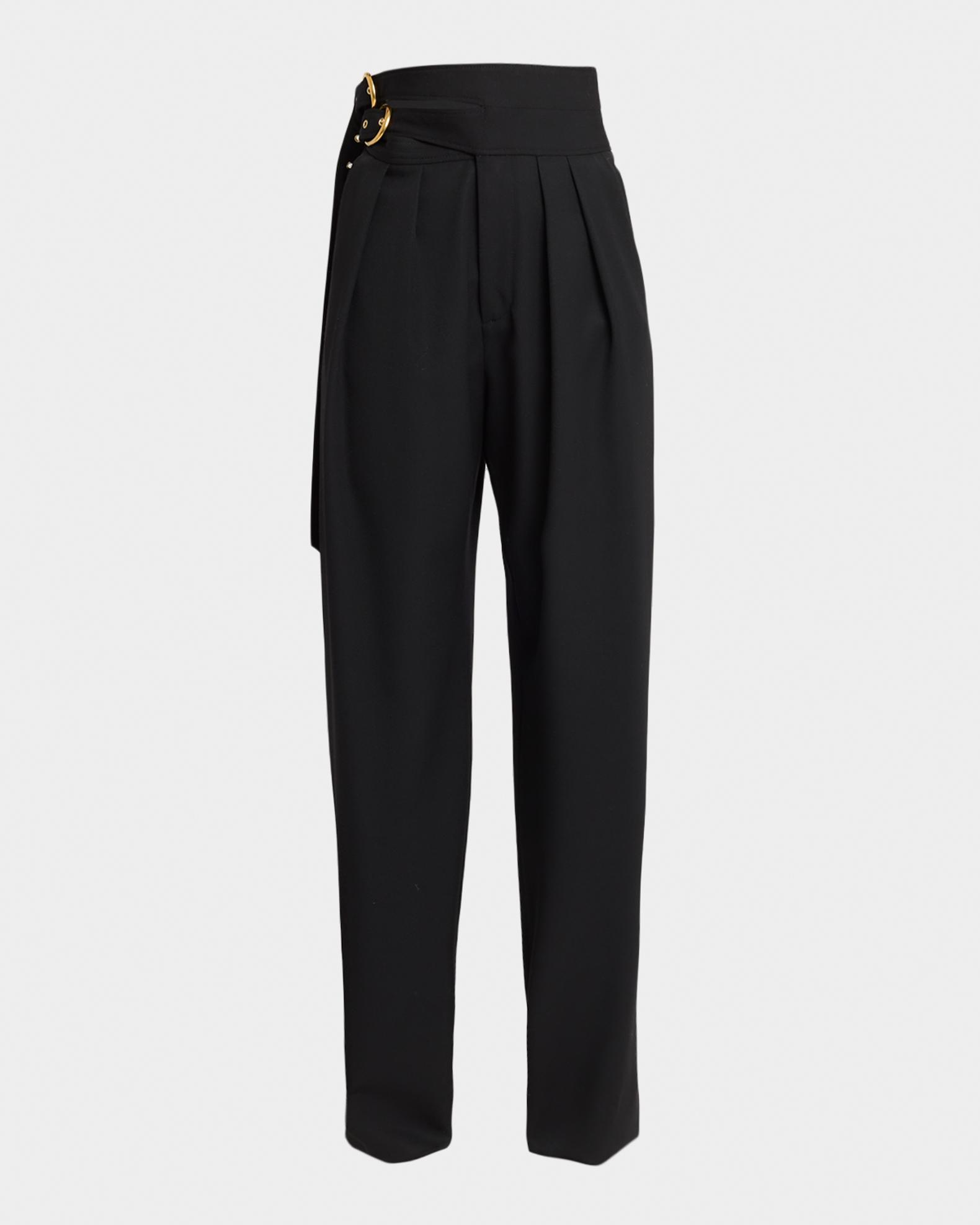 Chloe Double-Buckle Pleated Straight-Leg Trousers | Neiman Marcus