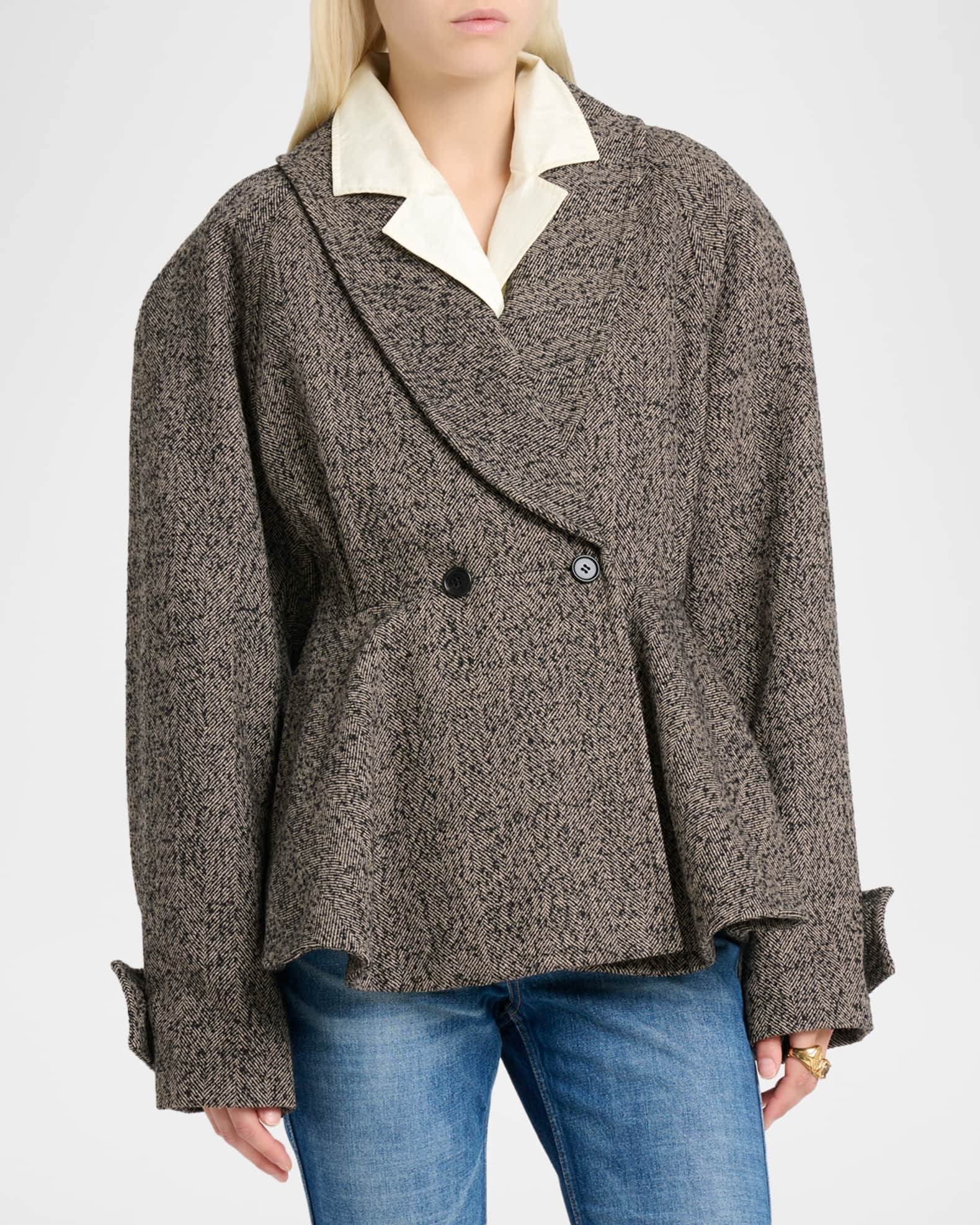 Chloe Double-Breasted Herringbone Oversized Peplum Coat | Neiman