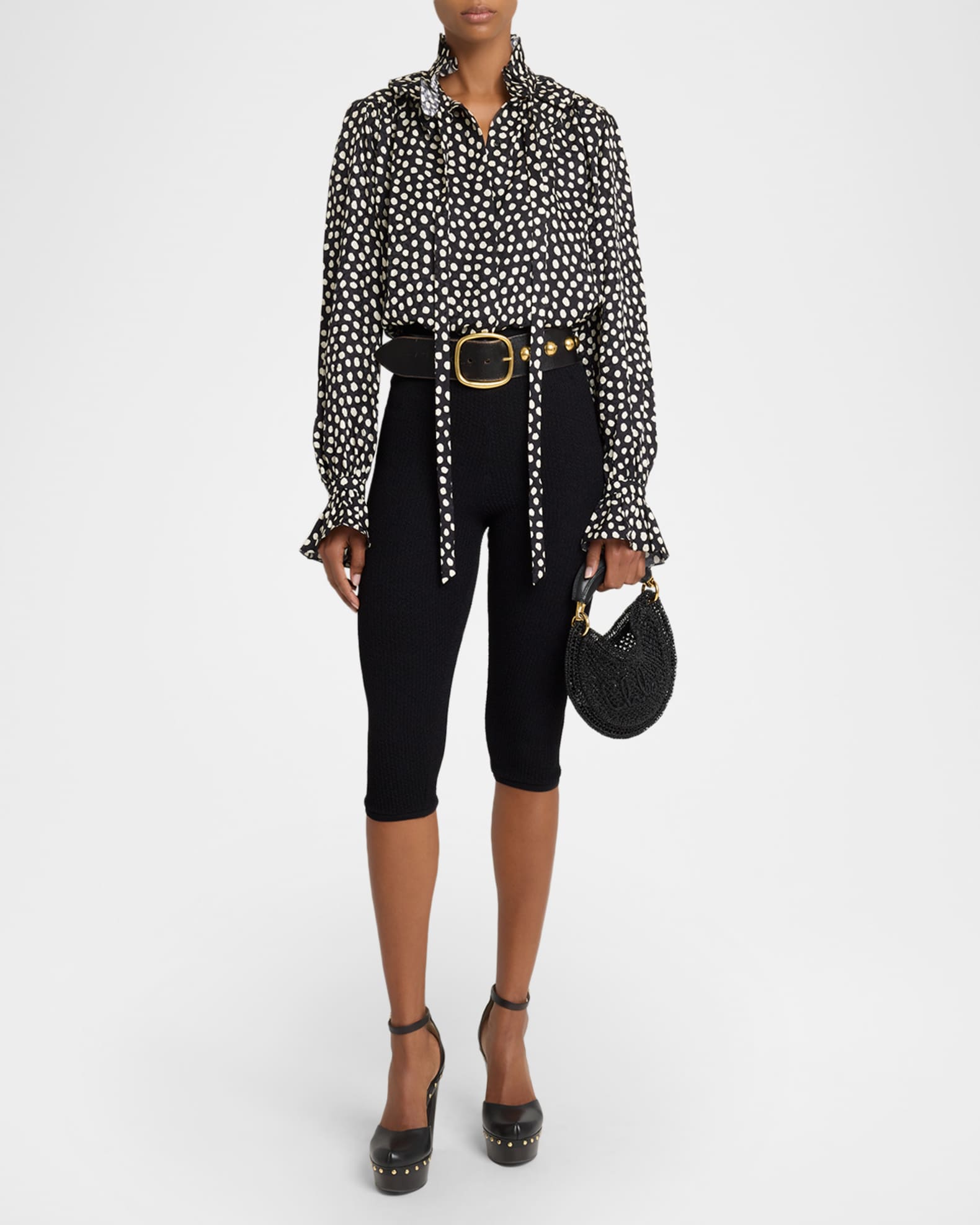 Chloe Dots-Print Silk Jacquard Ruffle Blouse | Neiman Marcus