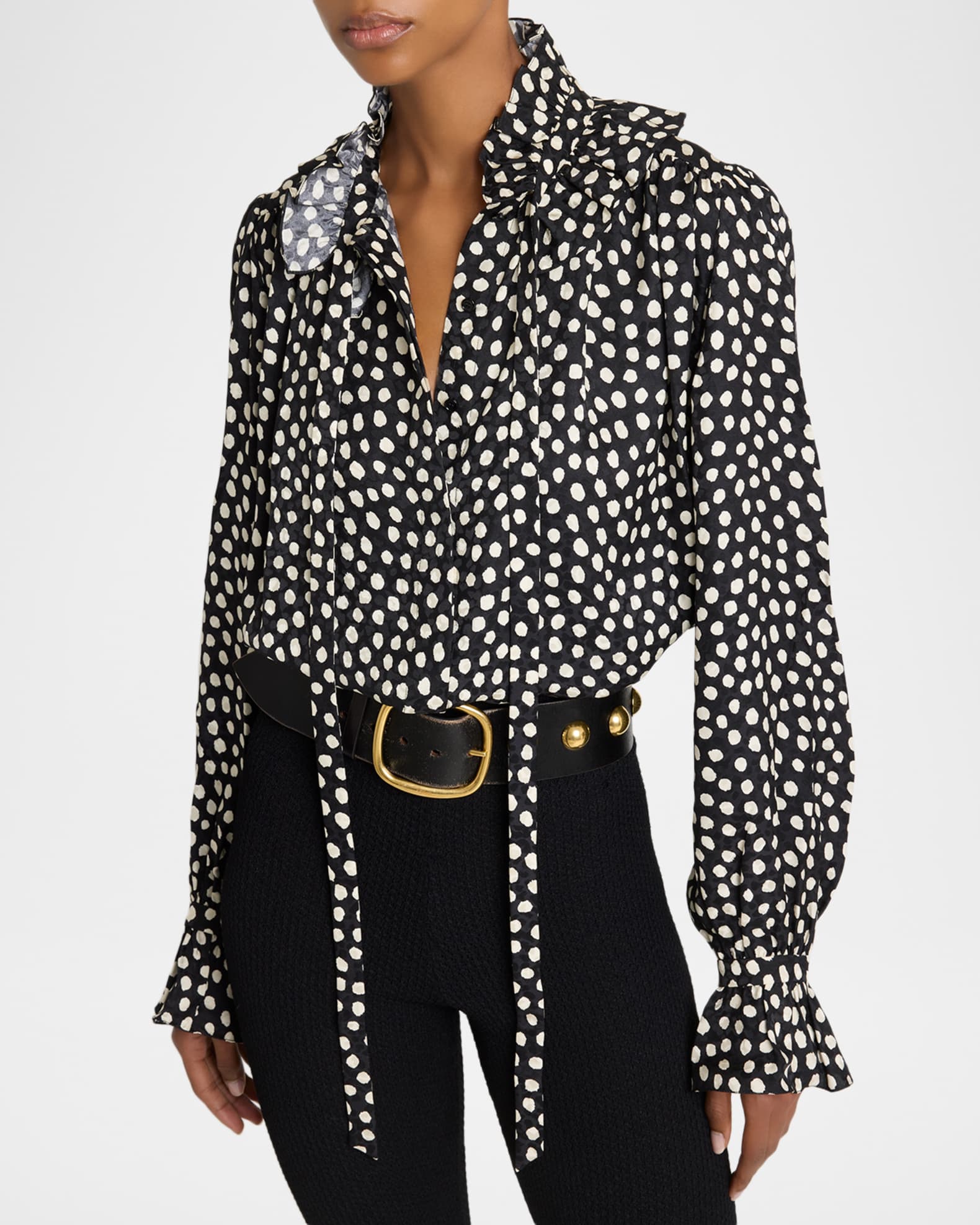 Chloe Dots-Print Silk Jacquard Ruffle Blouse | Neiman Marcus