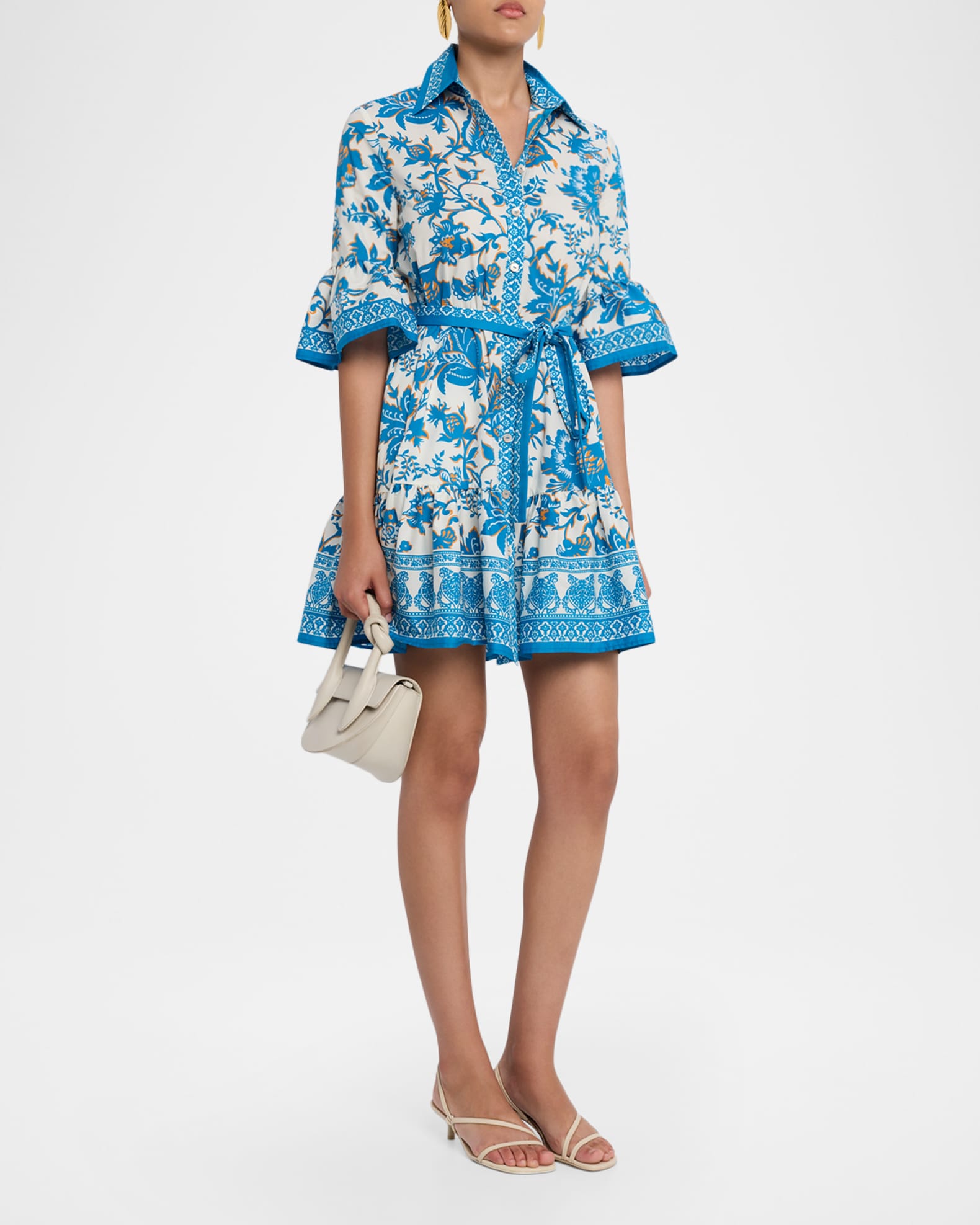 Etro Floral Cotton Ruffle Belted Mini Shirtdress | Neiman Marcus