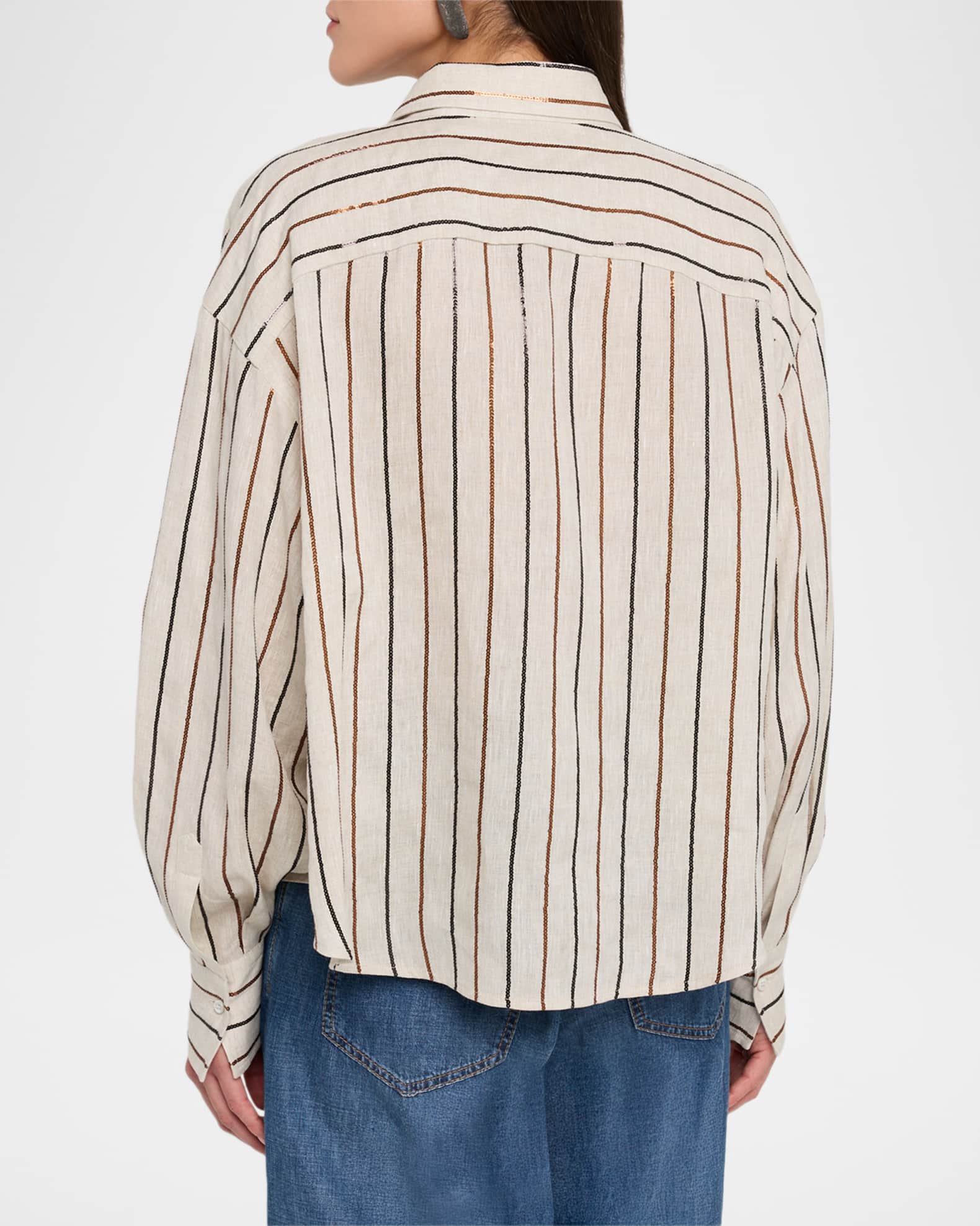 Brunello Cucinelli Sequin Striped Linen Shirt | Neiman Marcus