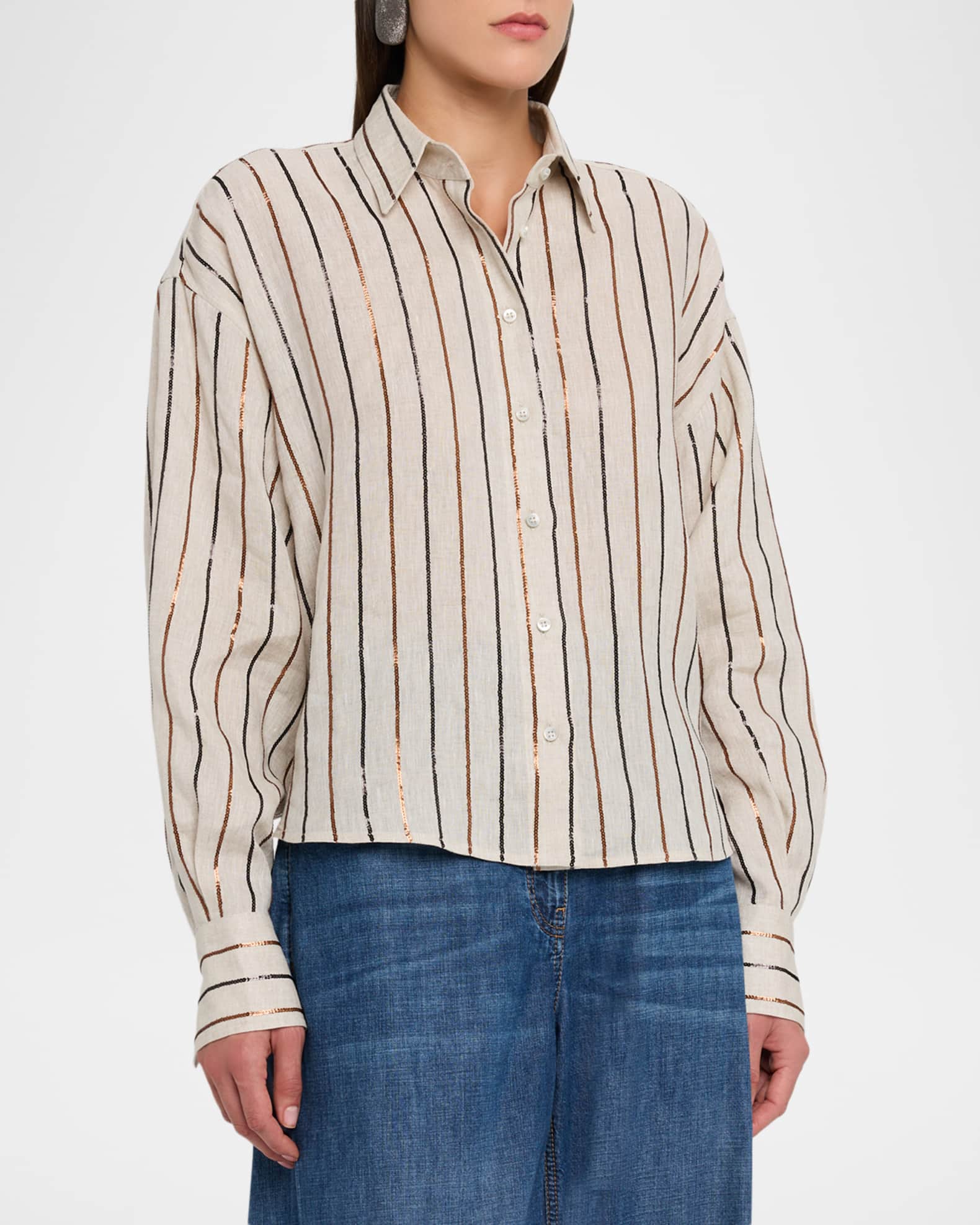 Brunello Cucinelli Sequin Striped Linen Shirt | Neiman Marcus