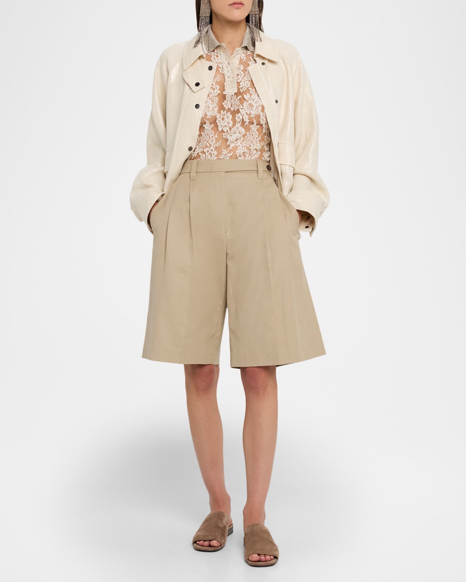 BRUNELLO CUCINELLI ブラウス シルク 袖レース【M】ベージュ Brunello Cucinelli Sheer Floral Lace Blouse | Neiman Marcus