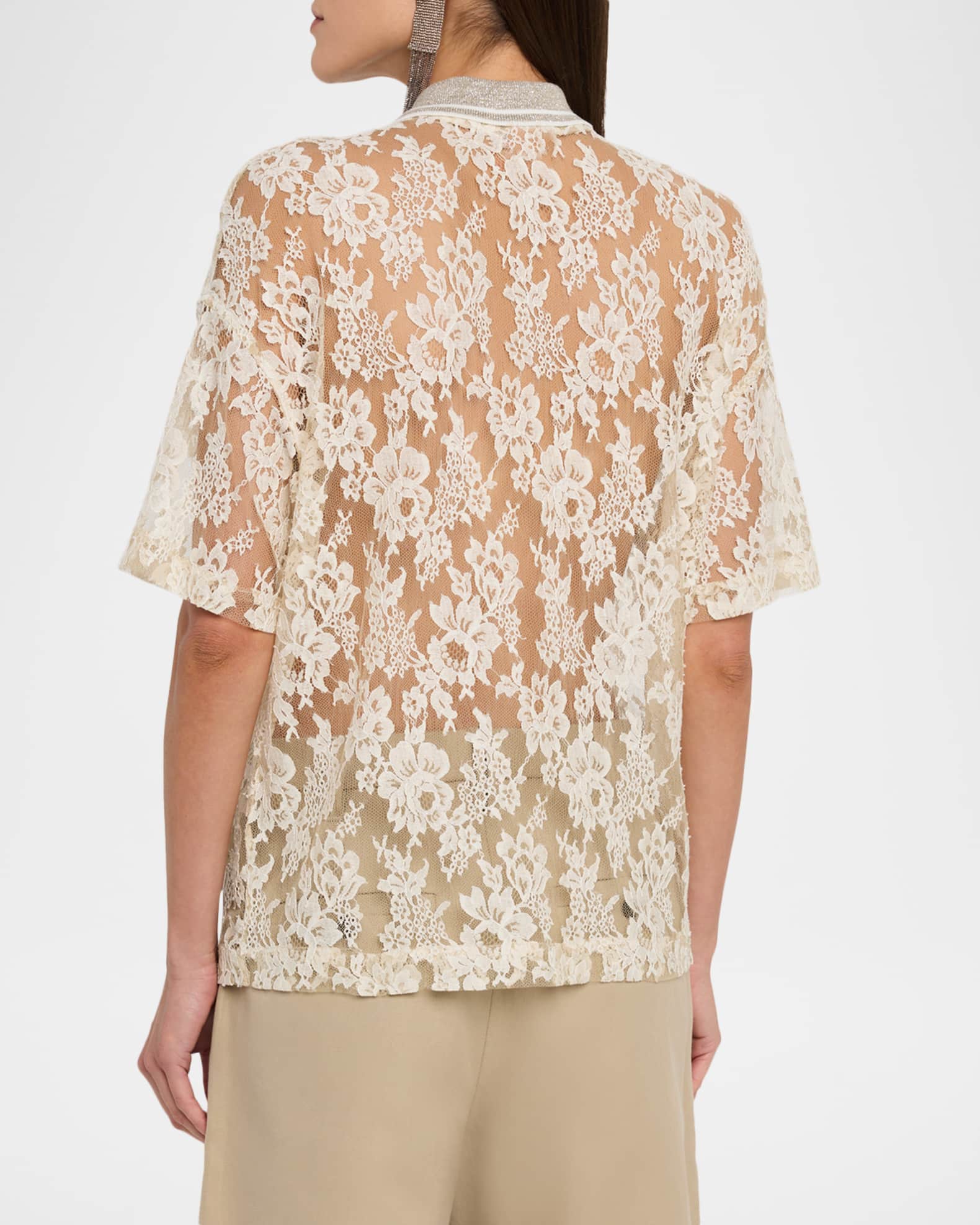 Brunello Cucinelli Sheer Floral Lace Blouse | Neiman Marcus