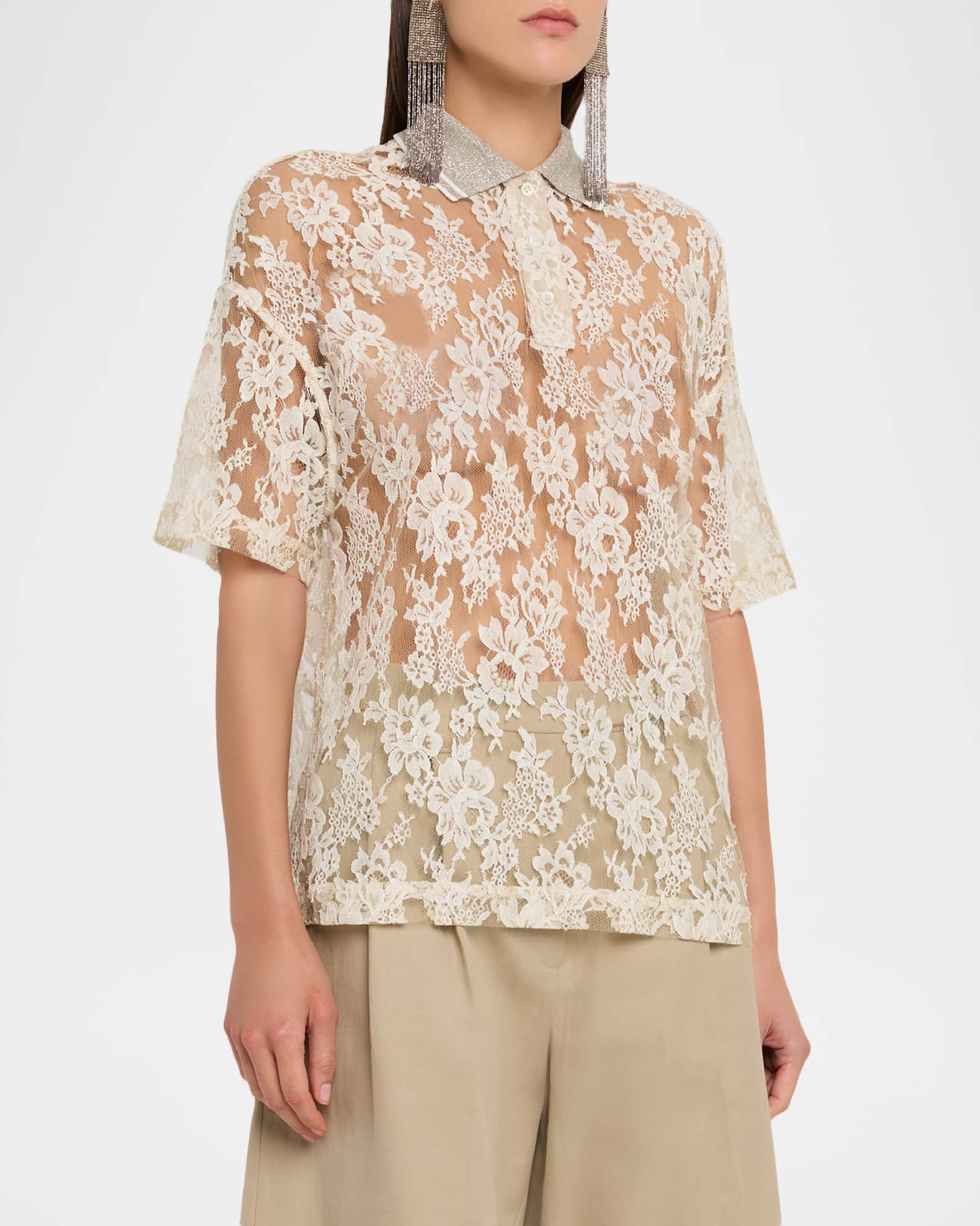 BRUNELLO CUCINELLI ブラウス シルク 袖レース【M】ベージュ Brunello Cucinelli Sheer Floral Lace Blouse | Neiman Marcus