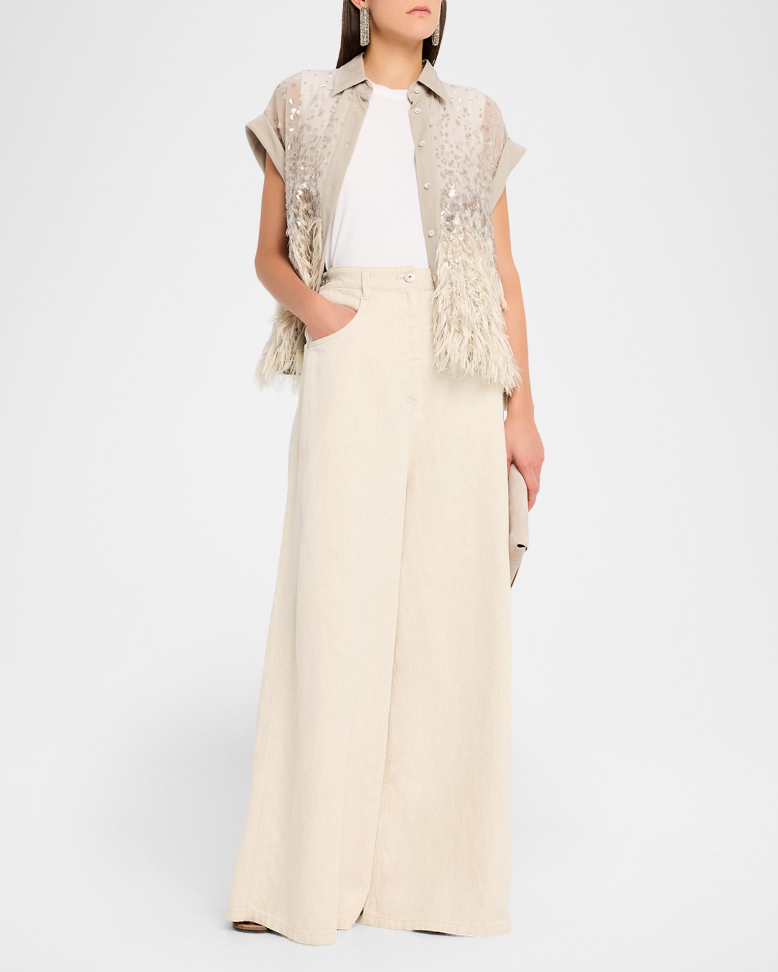 Brunello Cucinelli Sequin & Feather Silk Chiffon Blouse | Neiman