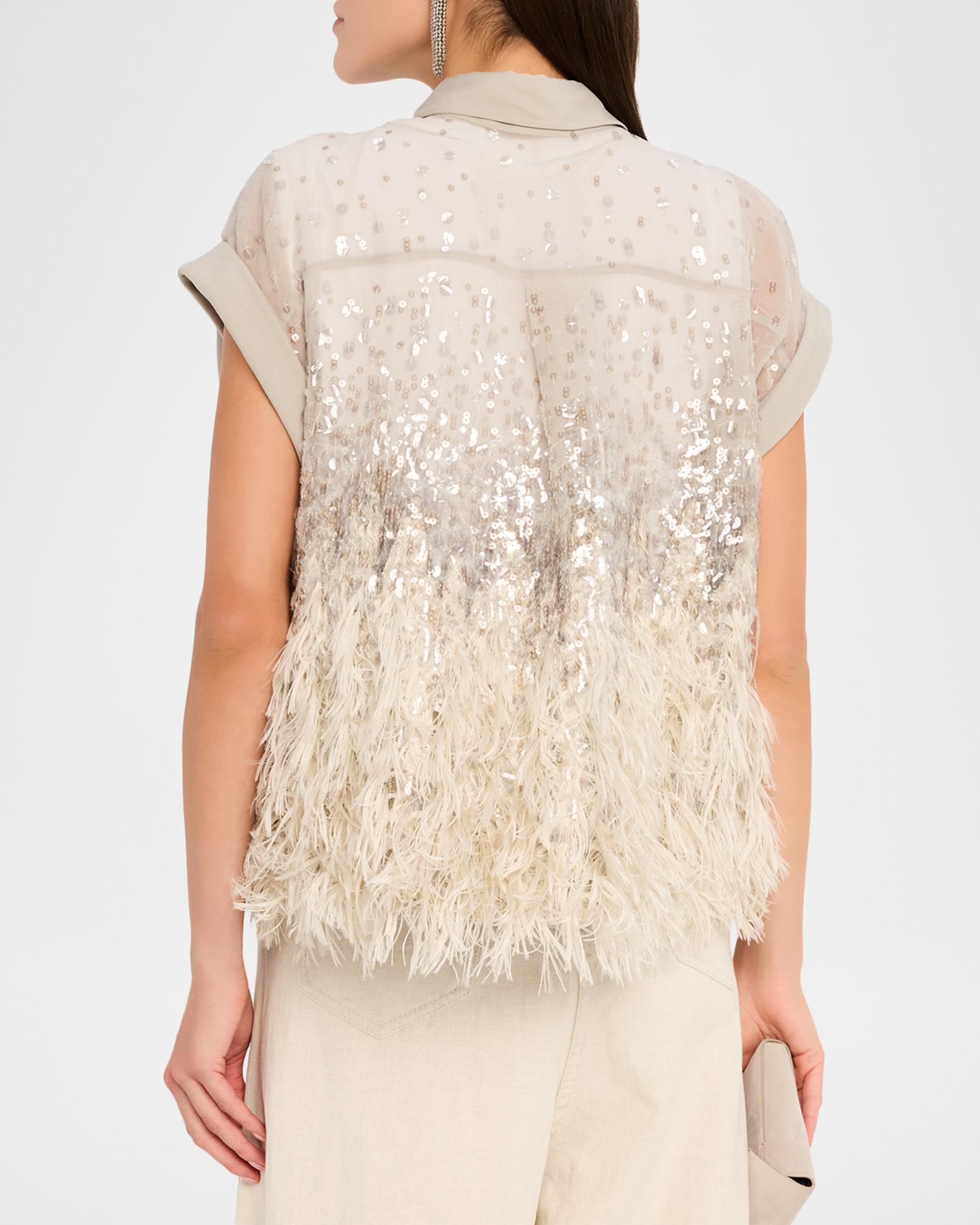 Brunello Cucinelli Sequin & Feather Silk Chiffon Blouse | Neiman