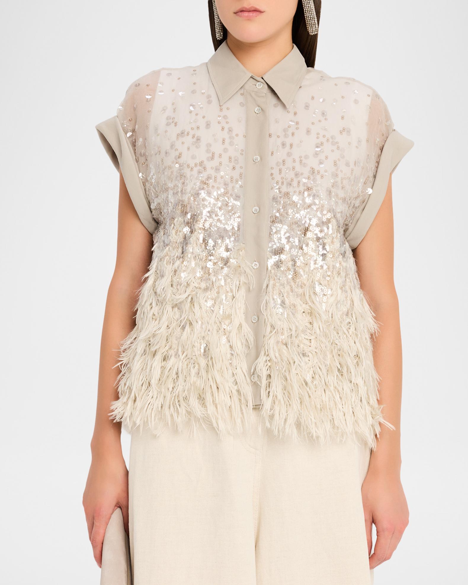 Brunello Cucinelli Sequin & Feather Silk Chiffon Blouse | Neiman 