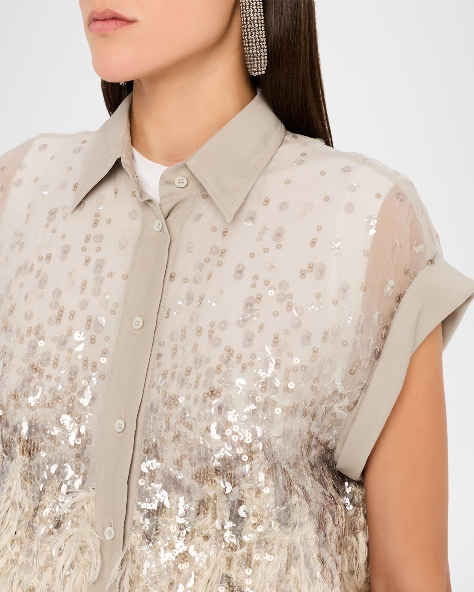 Brunello Cucinelli Sequin & Feather Silk Chiffon Blouse | Neiman