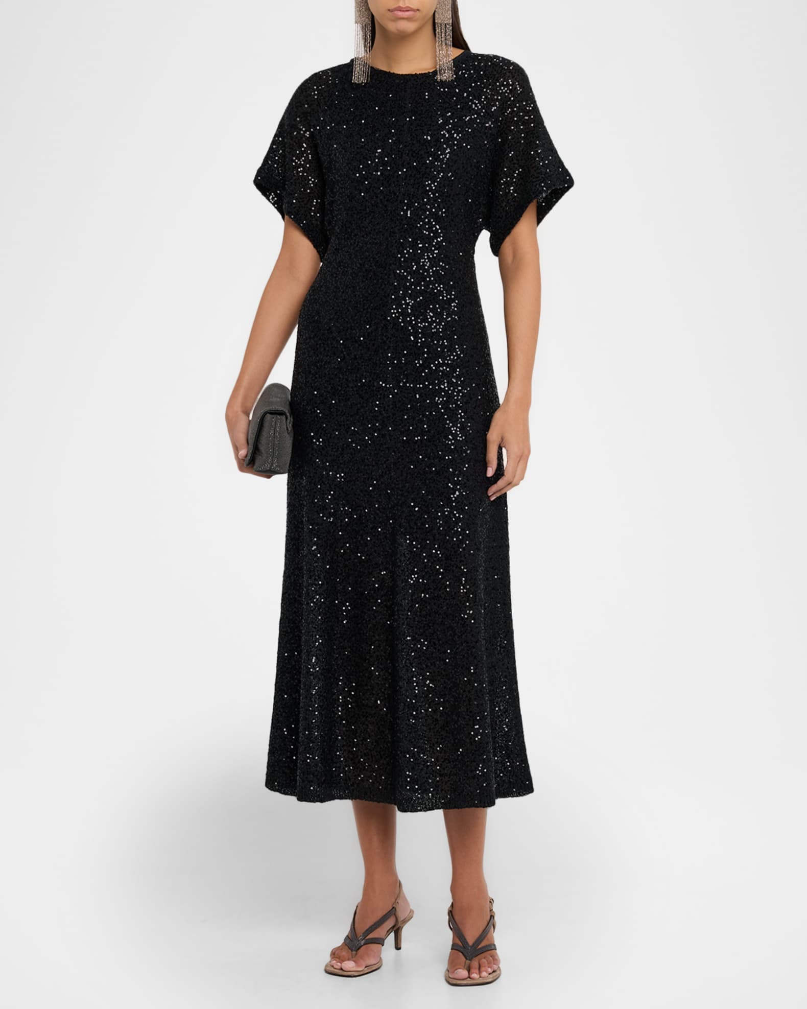 Brunello Cucinelli Sequin Linen-Cashmere Midi Dress | Neiman Marcus