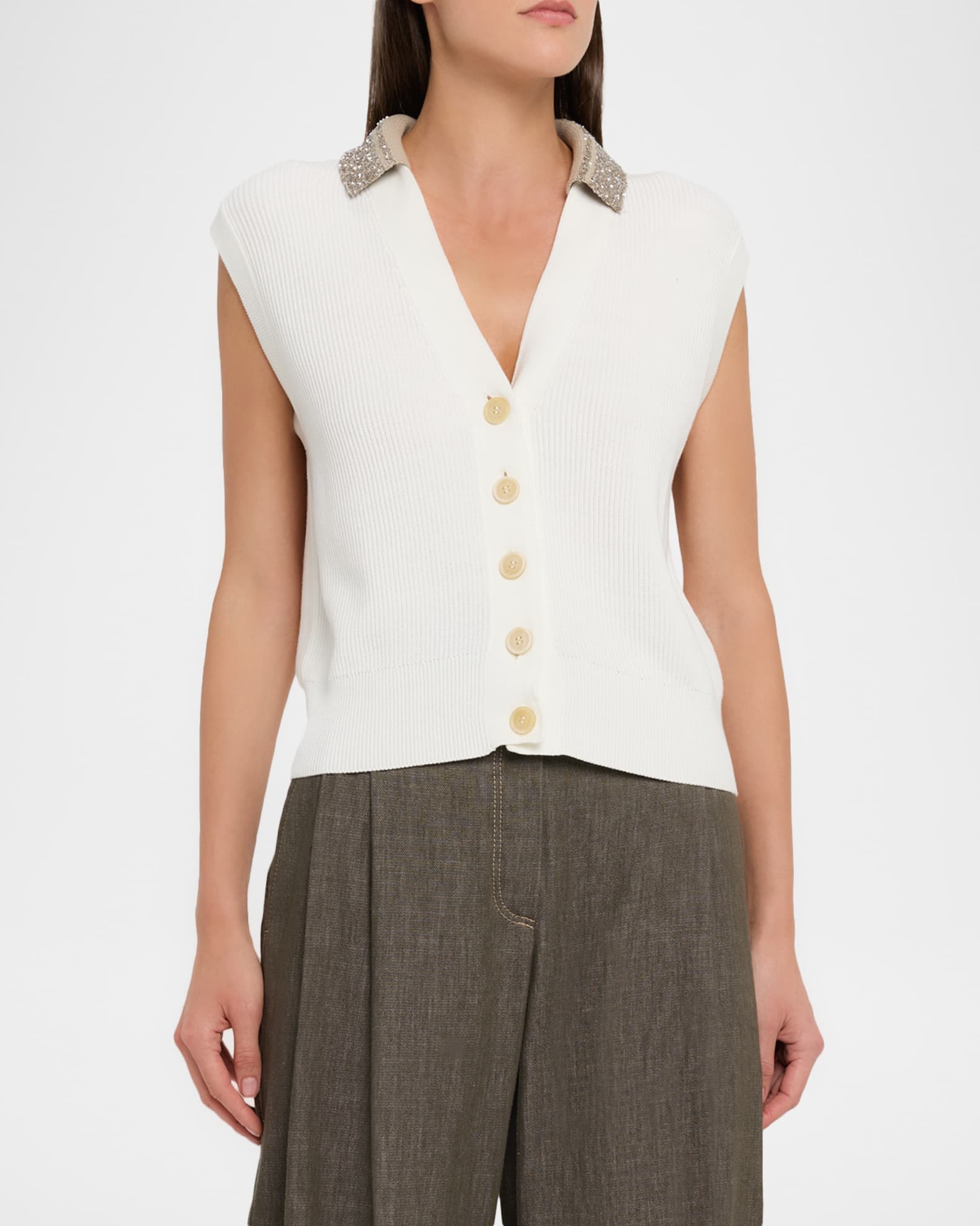 Brunello Cucinelli Paillette-Collar Rib Knit Vest | Neiman Marcus