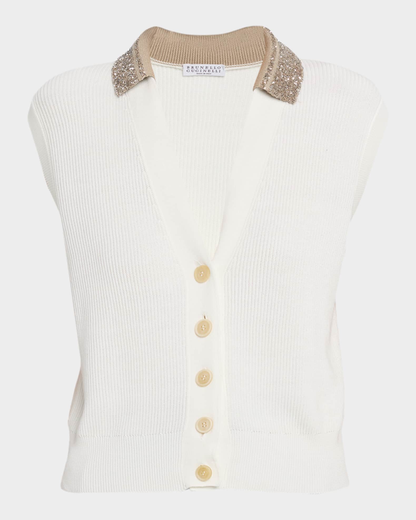 Brunello Cucinelli Paillette-Collar Rib Knit Vest | Neiman Marcus