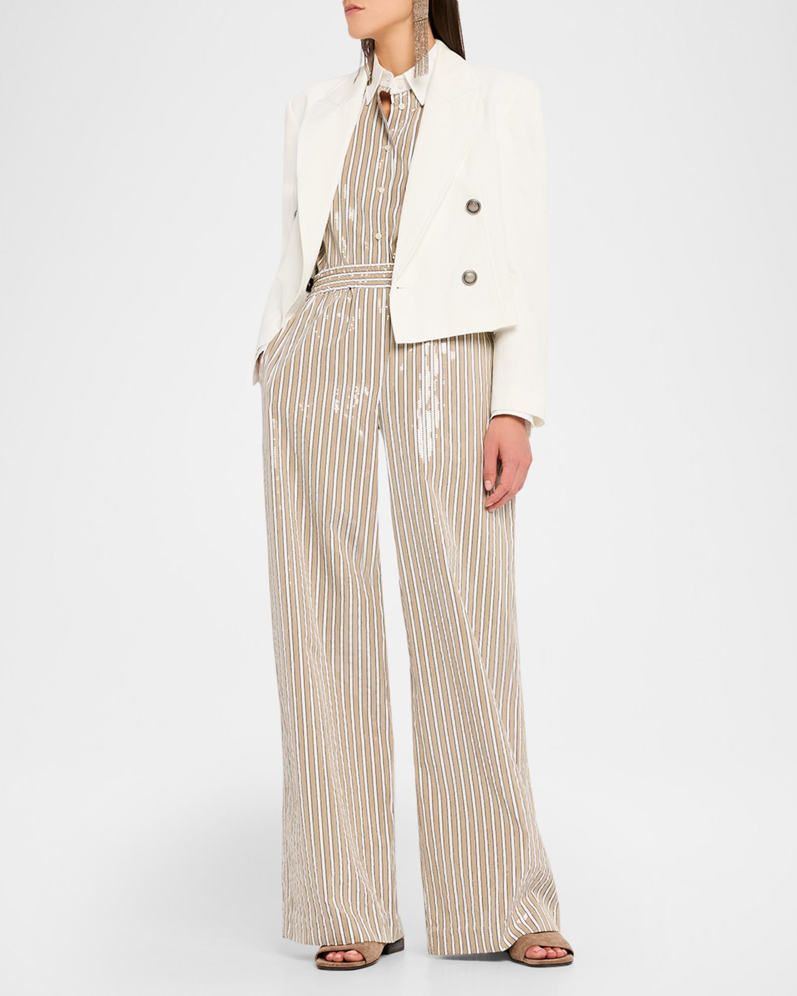 Brunello Cucinelli Sequined Striped Cotton Wide-Leg Pants | Neiman