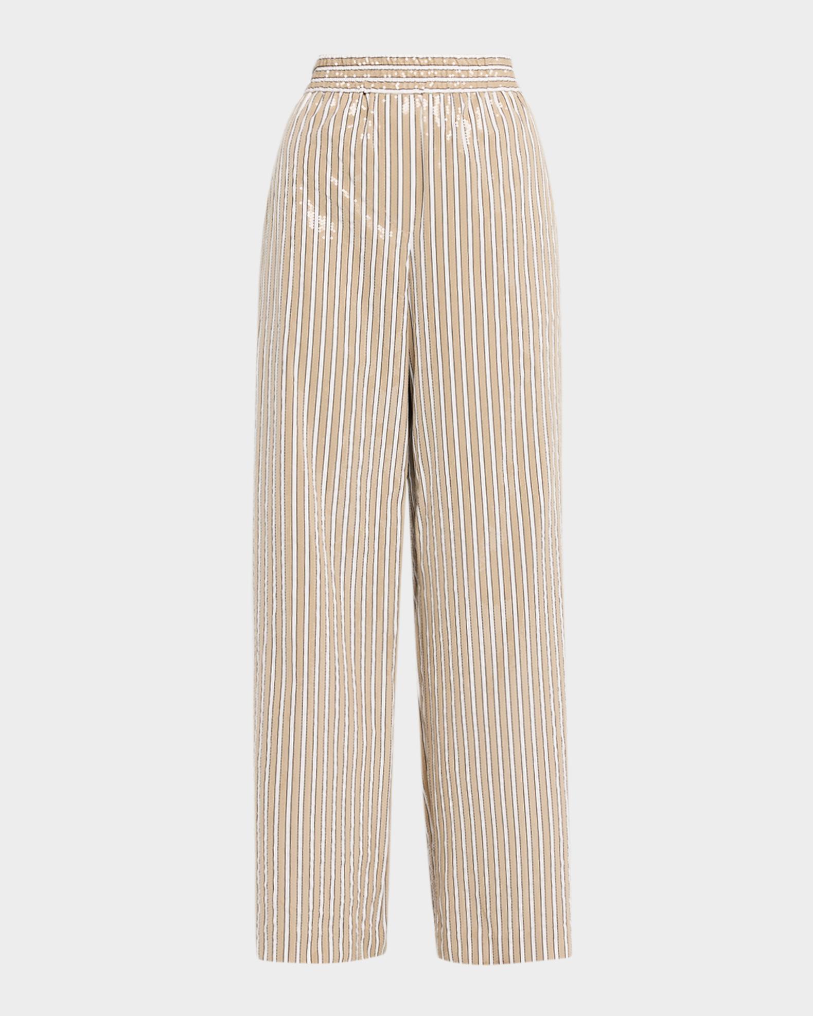 Brunello Cucinelli Sequined Striped Cotton Wide-Leg Pants | Neiman