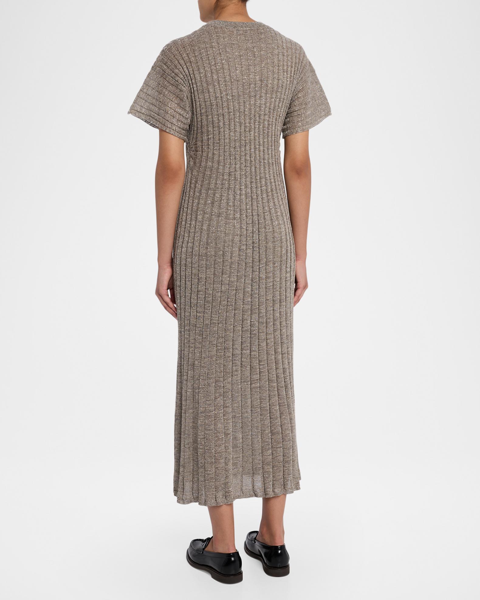 Brunello Cucinelli Metallic Linen Rib Short-Sleeve Midi Dress