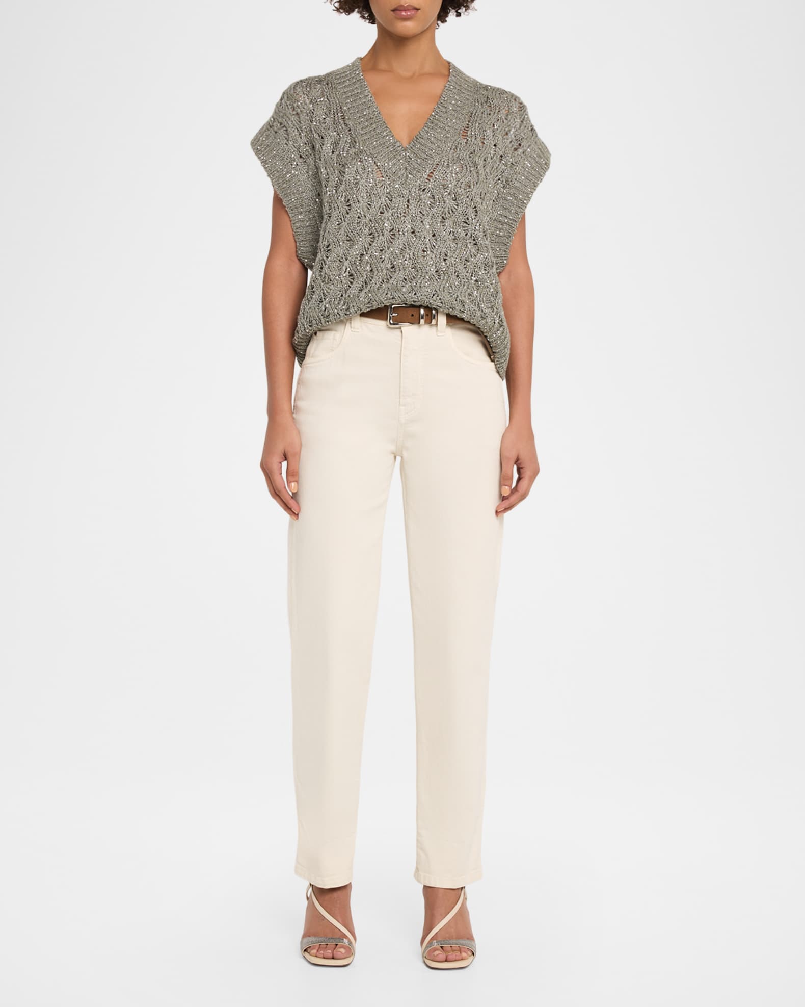 Brunello Cucinelli V-Neck Paillette Open-Knit Vest | Neiman Marcus