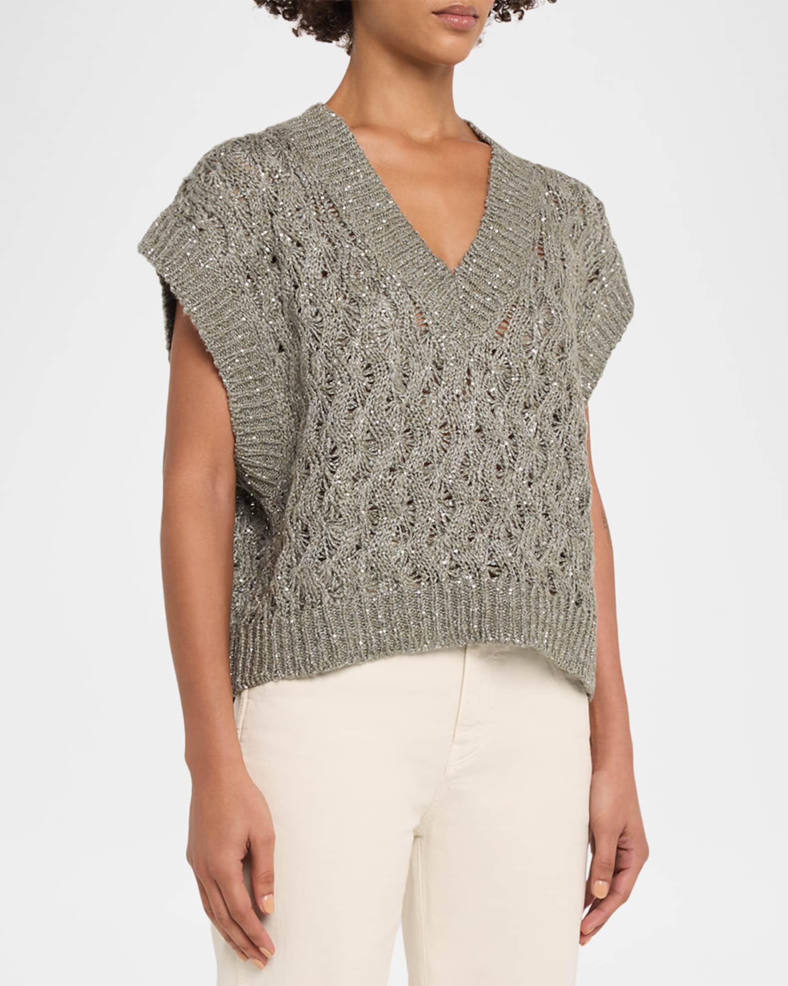 BRUNELLO CUCINELLI カシミヤ Vネックニットベスト Brunello Cucinelli V-Neck Paillette Open-Knit Vest | Neiman Marcus