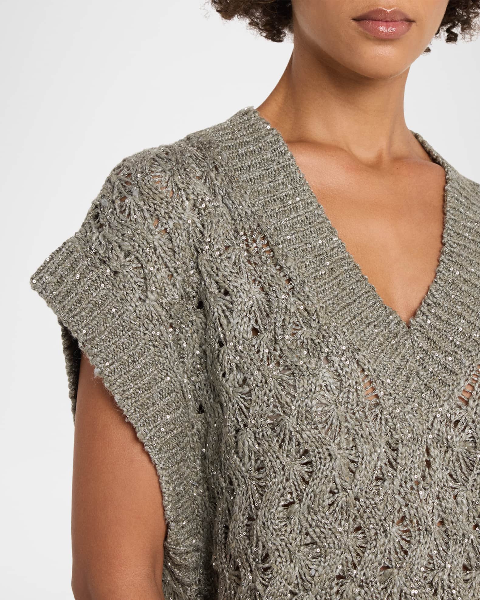 Brunello Cucinelli V-Neck Paillette Open-Knit Vest | Neiman Marcus